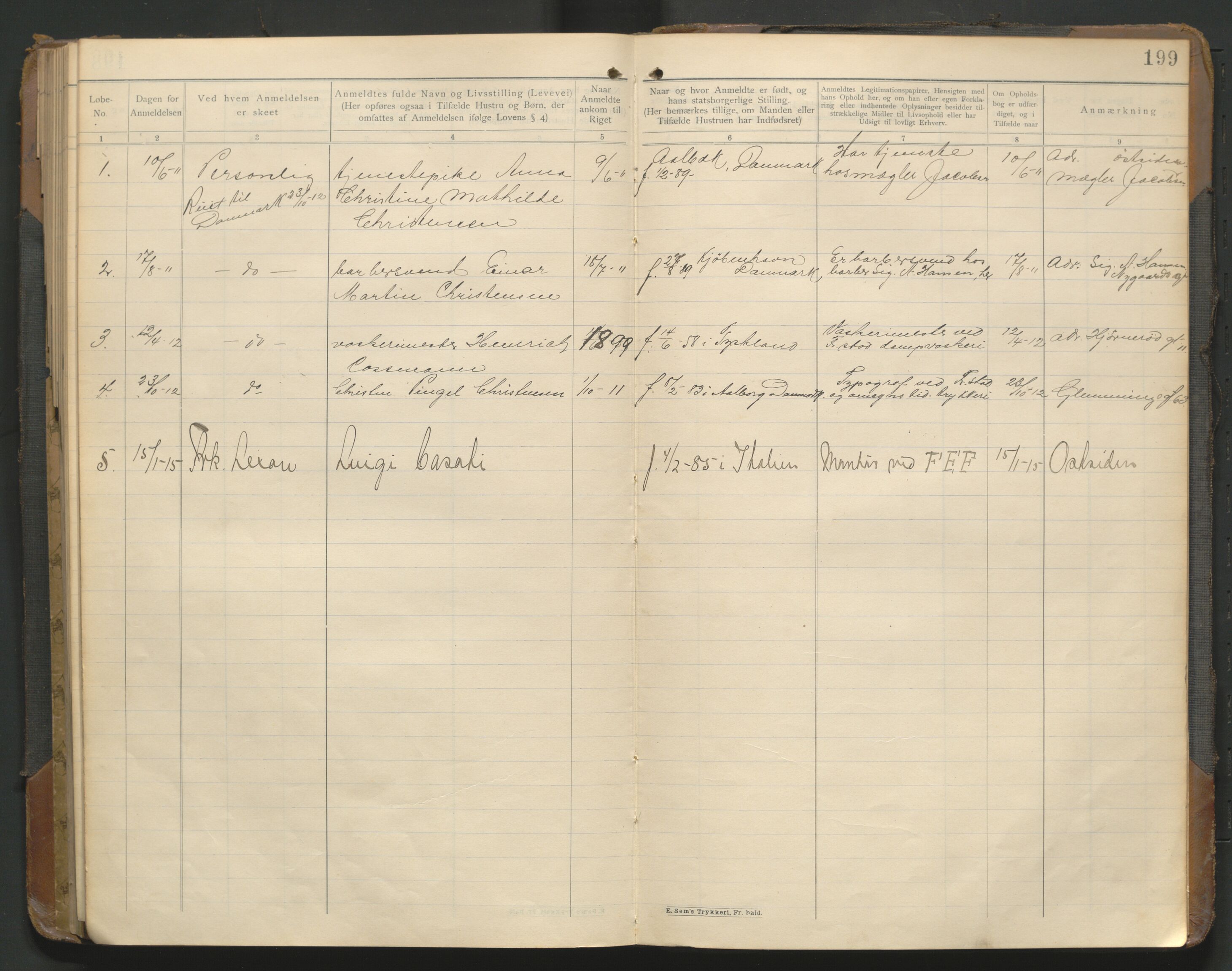 Fredrikstad politikammer, AV/SAO-A-10055/H/Hb/Hba/L0001: Protokoll over fremmede statsborgere, 1901-1916, s. 198b-199a