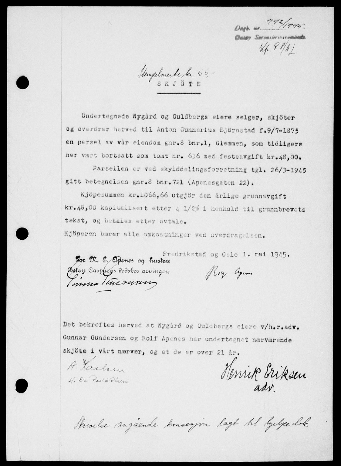 Onsøy sorenskriveri, SAO/A-10474/G/Ga/Gab/L0014: Pantebok nr. II A-14, 1944-1945, Dagboknr: 742/1945