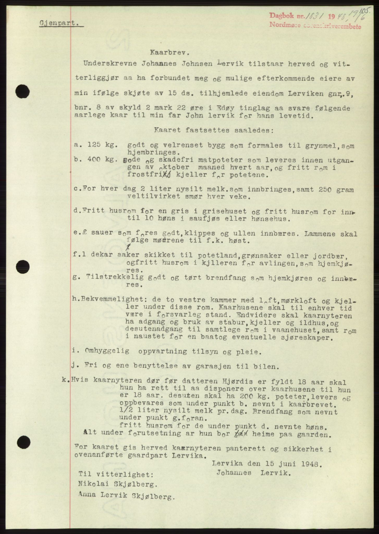 Nordmøre sorenskriveri, SAT/A-4132/1/2/2Ca: Pantebok nr. B99, 1948-1948, Dagboknr: 1831/1948