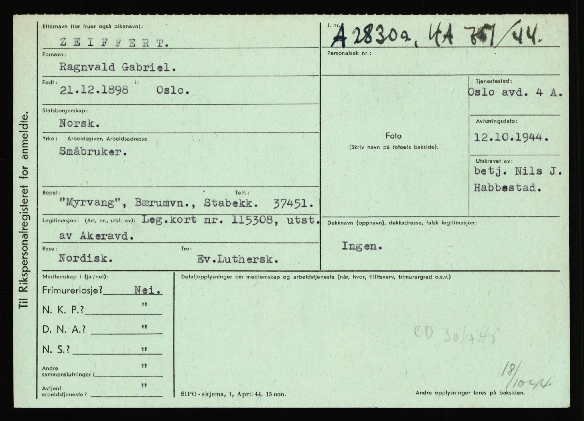 Statspolitiet - Hovedkontoret / Osloavdelingen, AV/RA-S-1329/C/Ca/L0016: Uberg - Øystese, 1943-1945, s. 3294