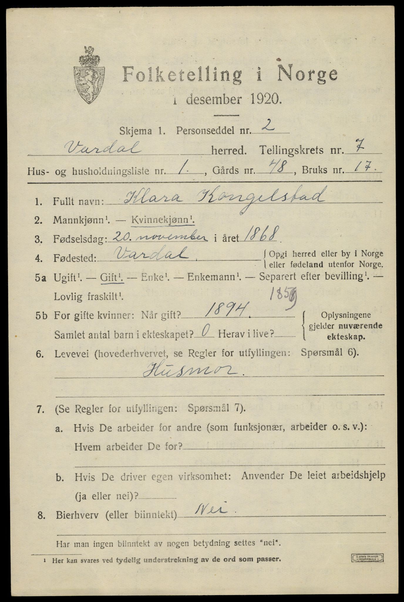 SAH, Folketelling 1920 for 0527 Vardal herred, 1920, s. 4865