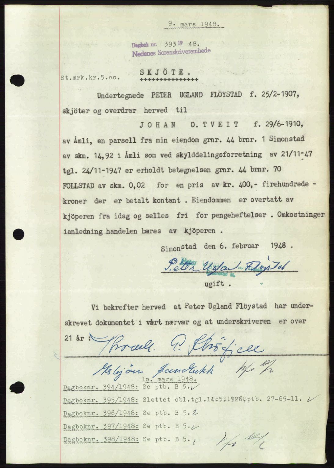 Nedenes sorenskriveri, SAK/1221-0006/G/Gb/Gba/L0059: Pantebok nr. A11, 1948-1948, Dagboknr: 393/1948