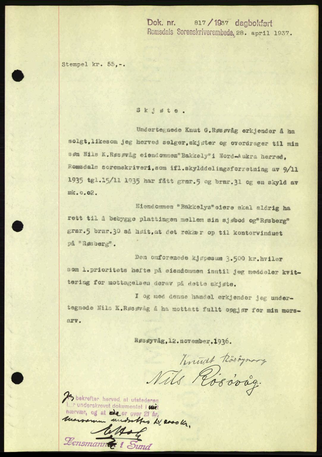 Romsdal sorenskriveri, SAT/A-4149/1/2/2C: Pantebok nr. A3, 1937-1937, Dagboknr: 817/1937