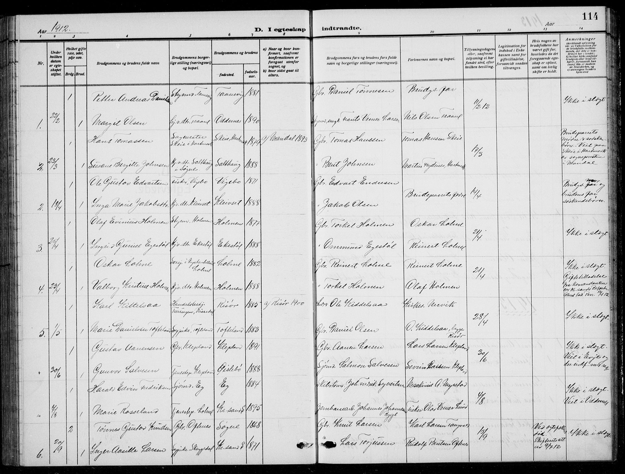 Søgne sokneprestkontor, AV/SAK-1111-0037/F/Fb/Fbb/L0007: Klokkerbok nr. B 7, 1912-1931, s. 114