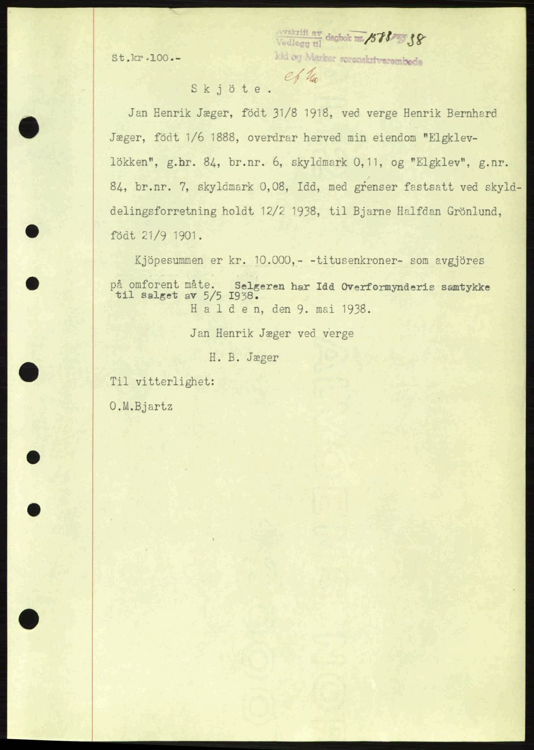 Idd og Marker sorenskriveri, AV/SAO-A-10283/G/Gb/Gbb/L0003: Pantebok nr. A3, 1938-1939, Dagboknr: 1583/1938