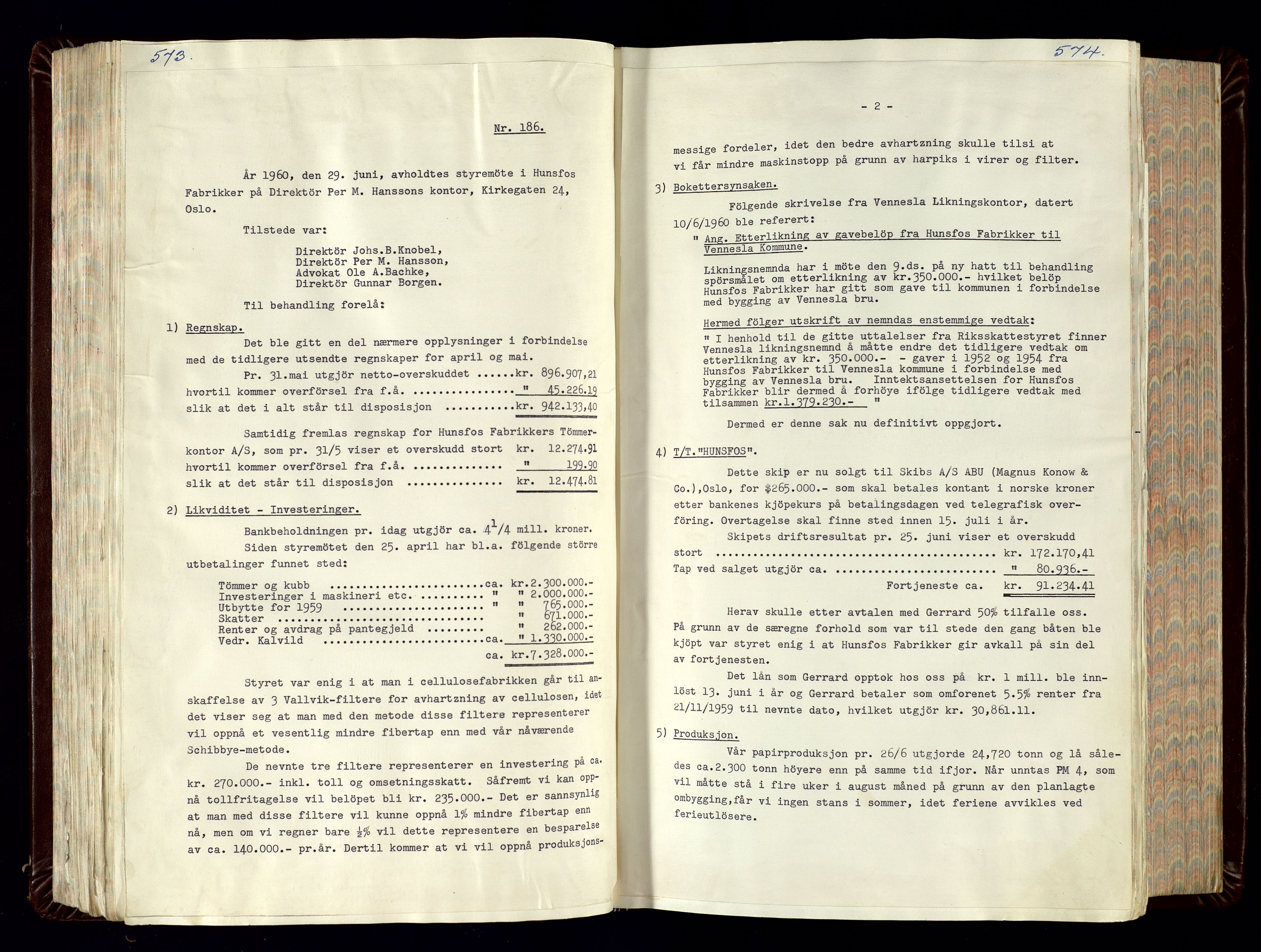 Hunsfos fabrikker, AV/SAK-D/1440/02/L0007: Referatprotokoll fra styremøter (møte nr 114-221), 1951-1964, s. 573-574