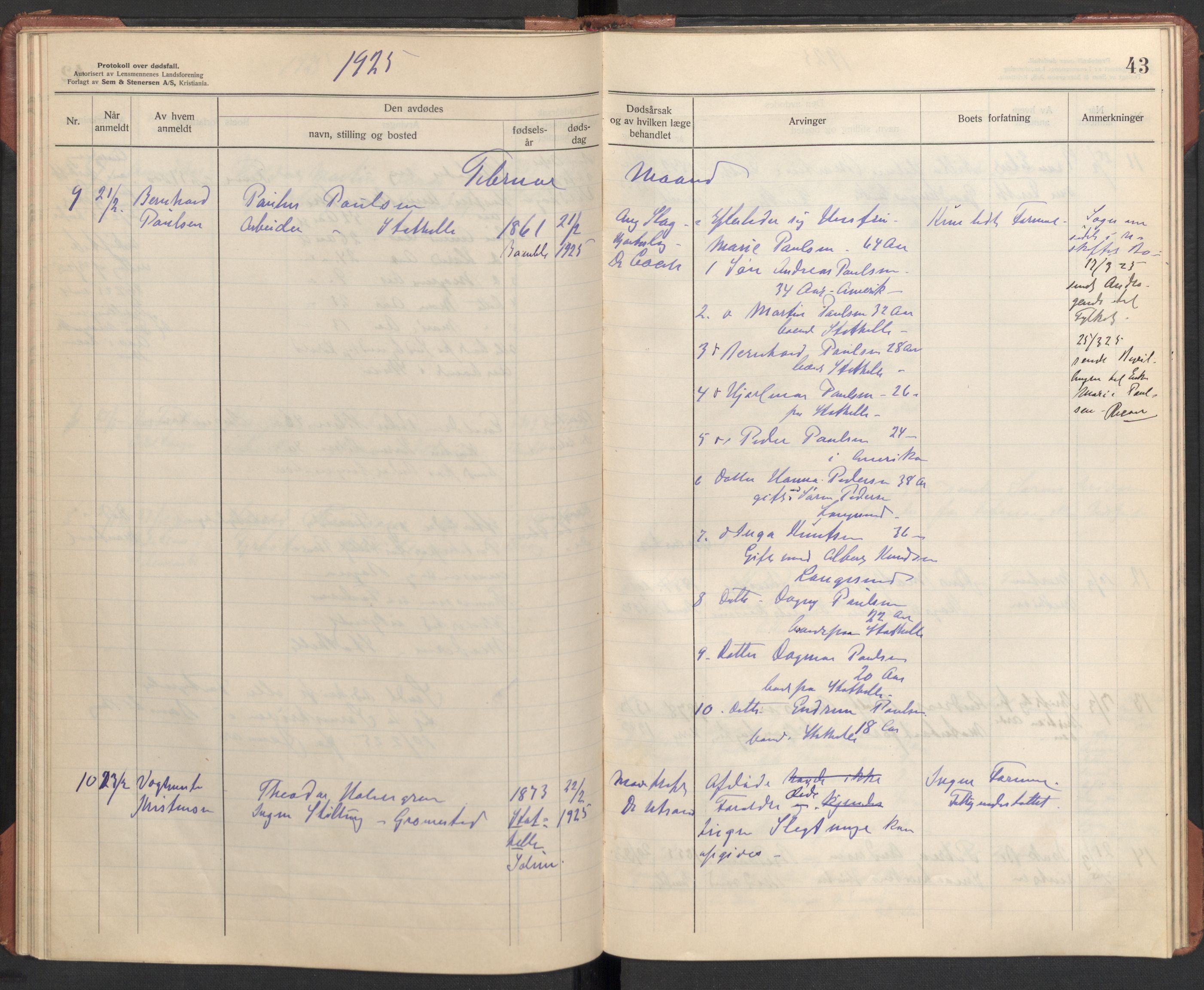 Bamble lensmannskontor, AV/SAKO-A-552/H/Ha/Haa/L0004: Dødsfallsprotokoll, 1923-1926, s. 43