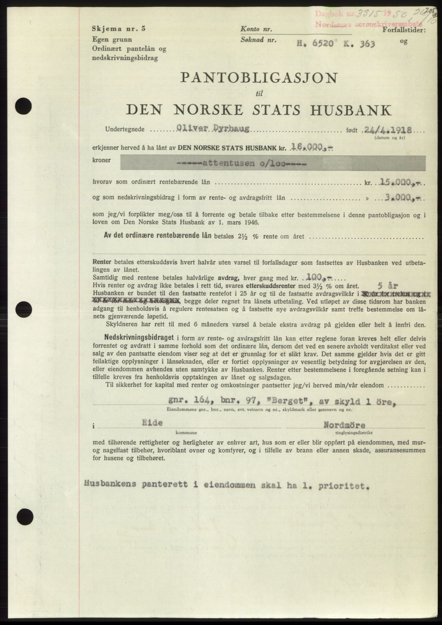 Nordmøre sorenskriveri, SAT/A-4132/1/2/2Ca: Pantebok nr. B106, 1950-1950, Dagboknr: 3315/1950