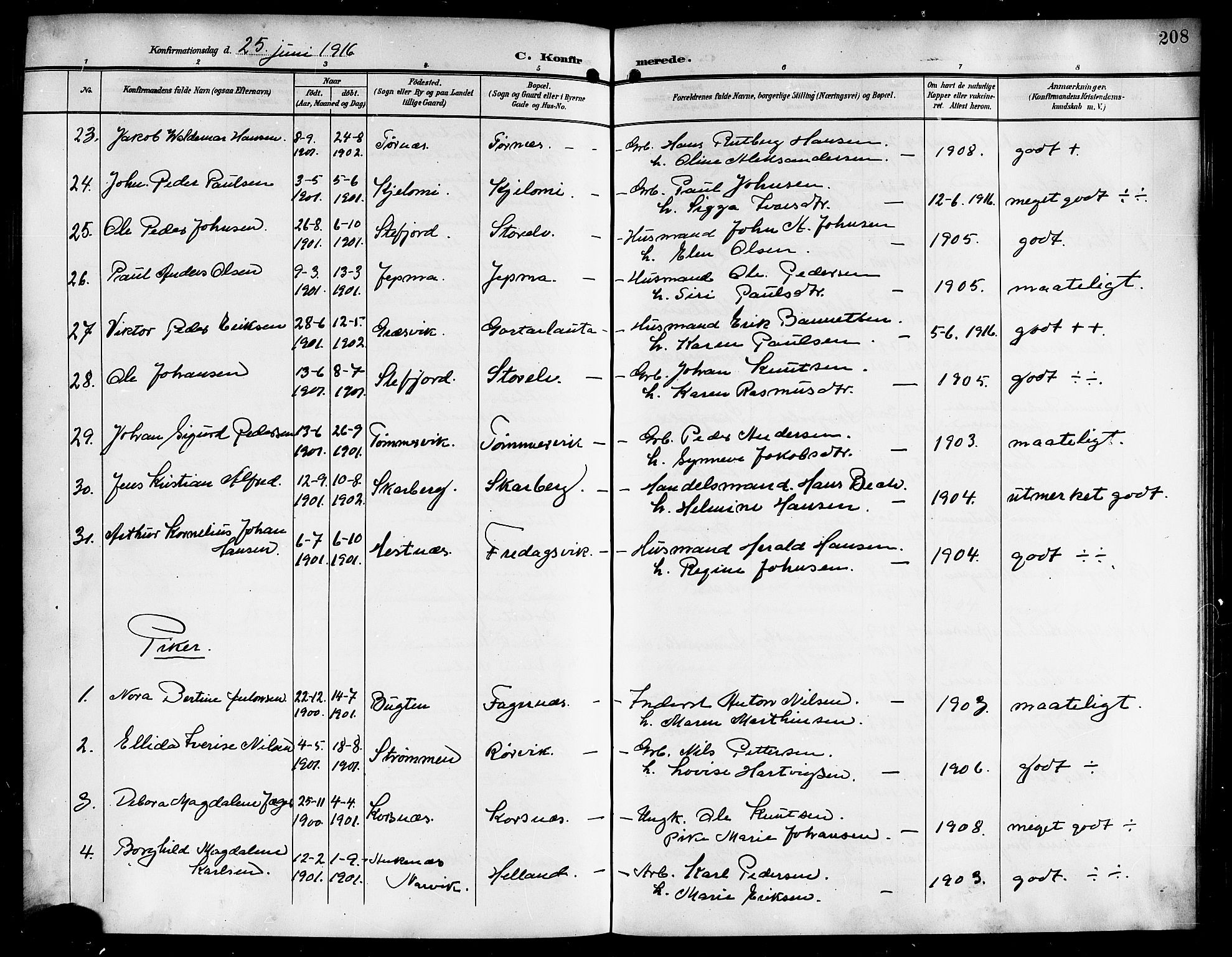 Ministerialprotokoller, klokkerbøker og fødselsregistre - Nordland, AV/SAT-A-1459/861/L0877: Klokkerbok nr. 861C03, 1903-1919, s. 208