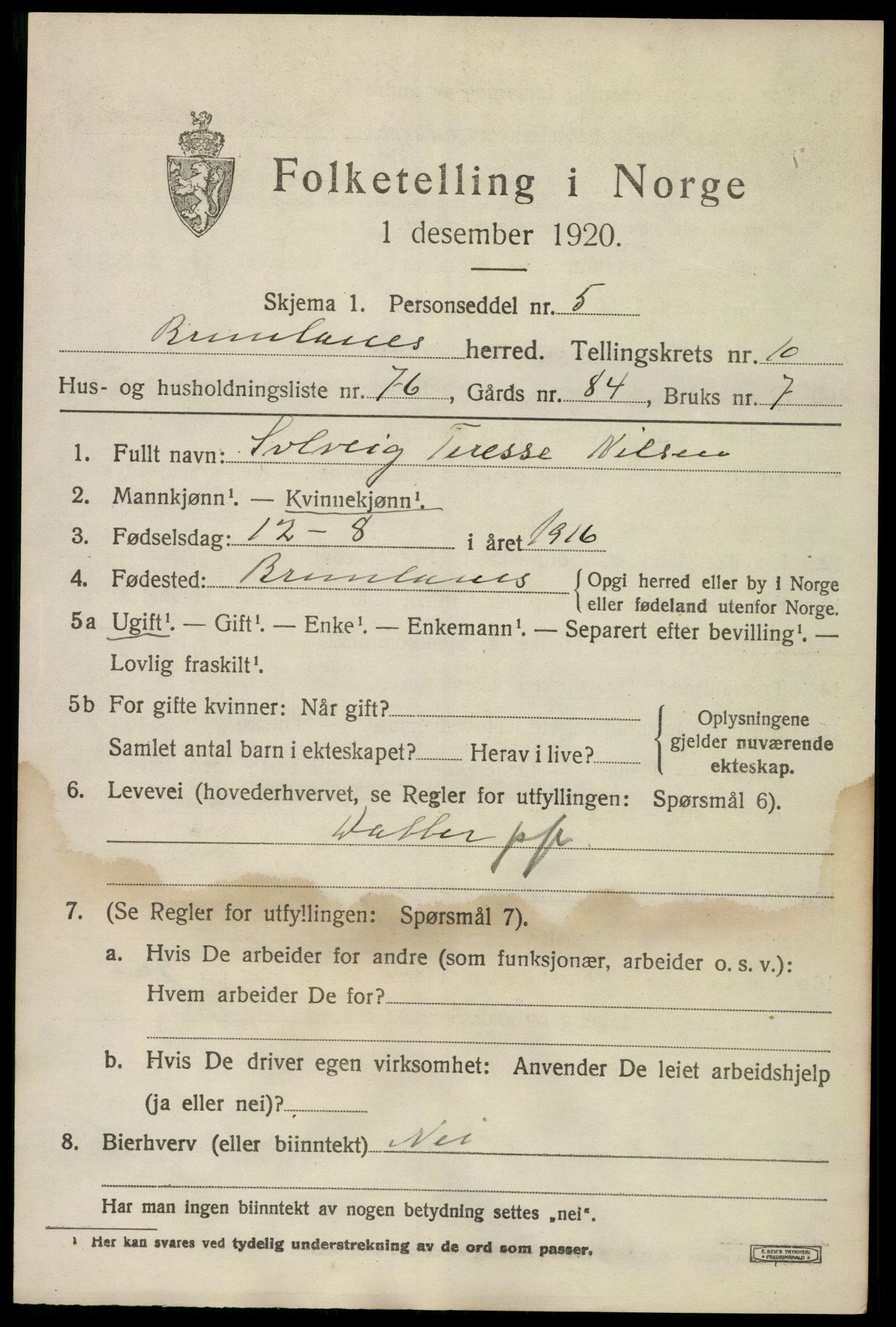 SAKO, Folketelling 1920 for 0726 Brunlanes herred, 1920, s. 9237
