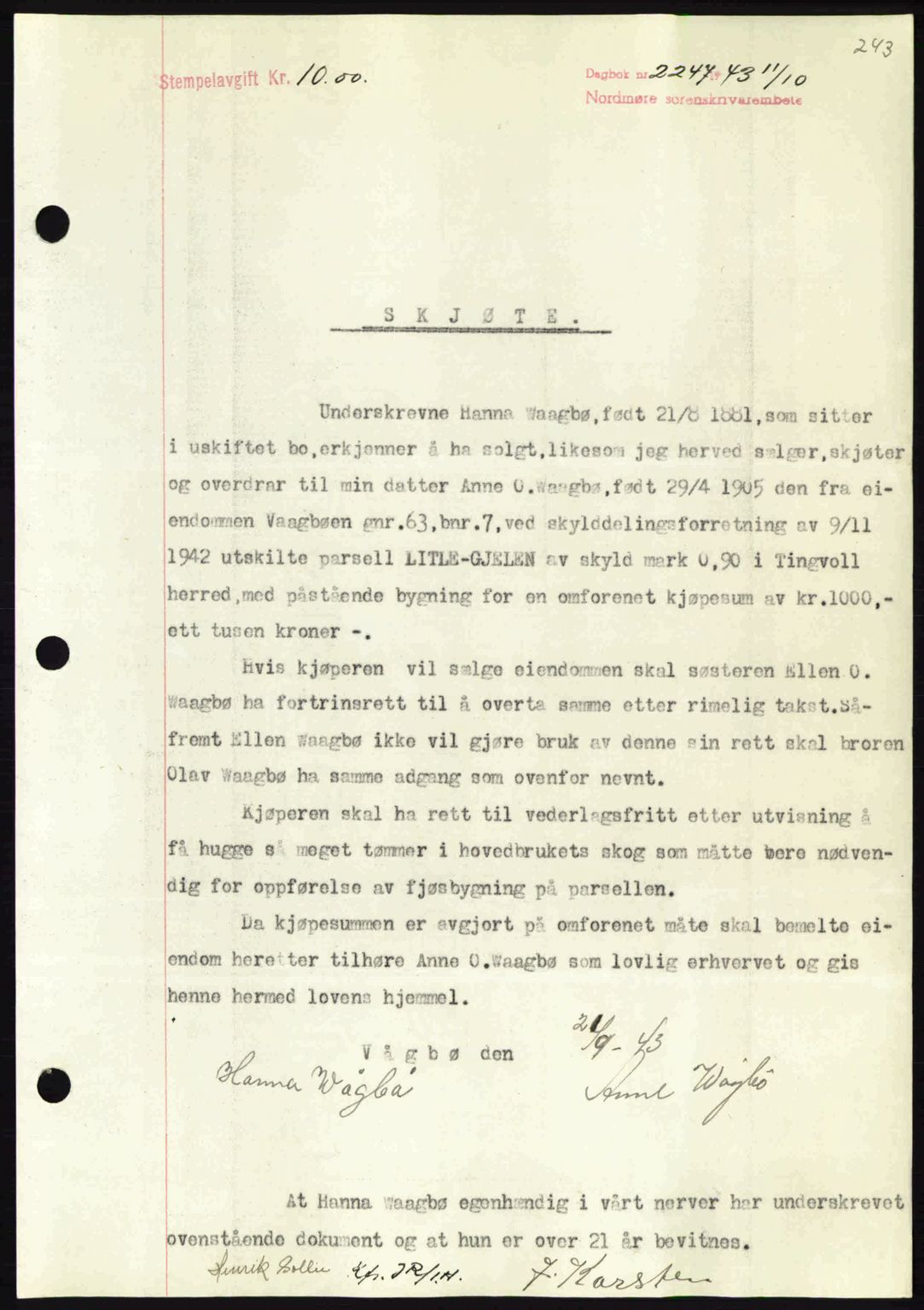 Nordmøre sorenskriveri, SAT/A-4132/1/2/2Ca: Pantebok nr. A96, 1943-1944, Dagboknr: 2247/1943