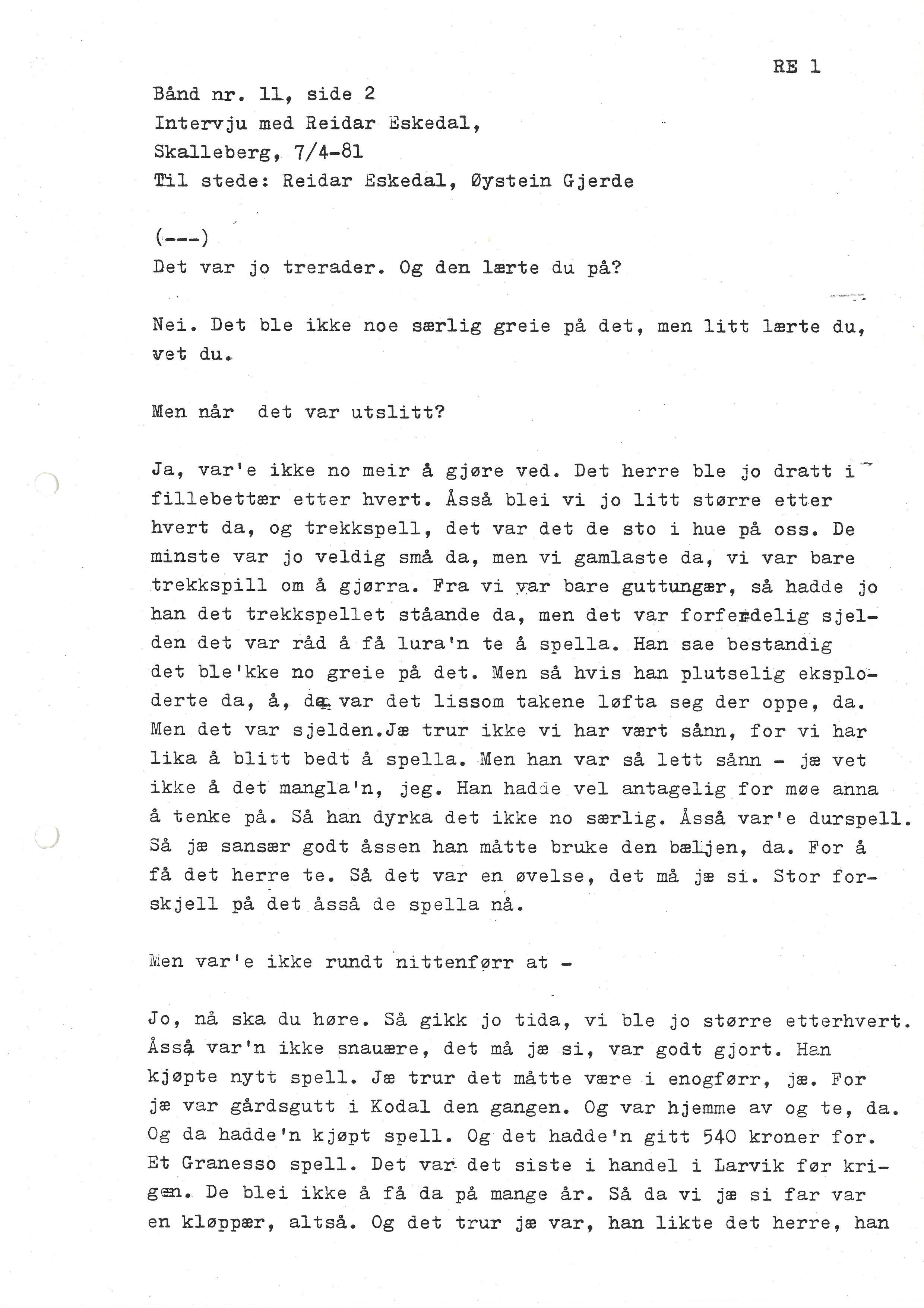 Sa 16 - Folkemusikk fra Vestfold, Gjerdesamlingen, VEMU/A-1868/I/L0001: Informantregister med intervjunedtegnelser, 1979-1986