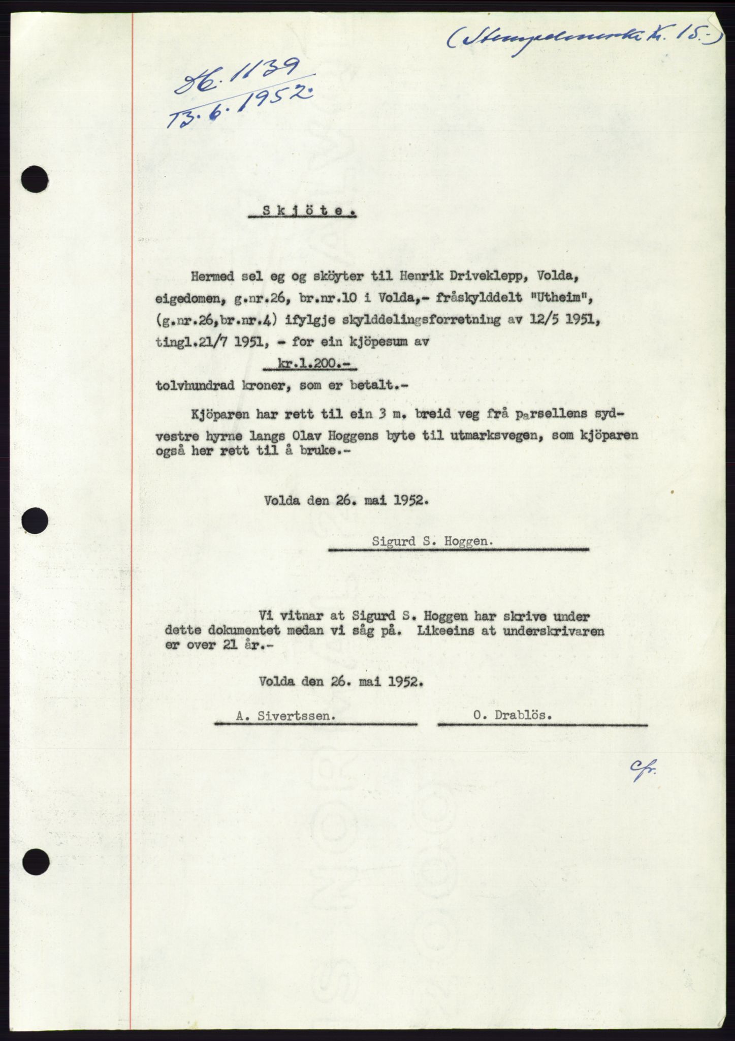 Søre Sunnmøre sorenskriveri, AV/SAT-A-4122/1/2/2C/L0092: Pantebok nr. 18A, 1952-1952, Dagboknr: 1139/1952