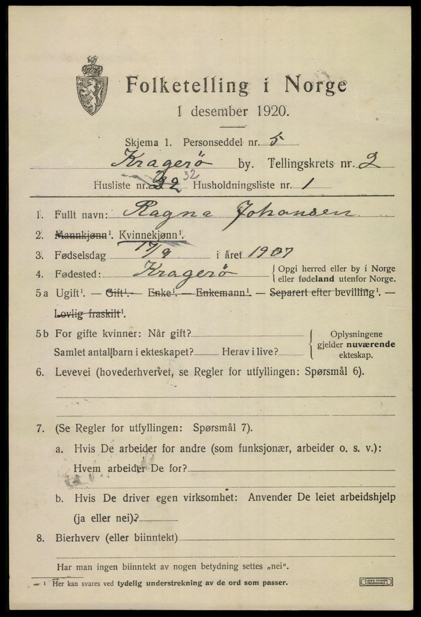 SAKO, Folketelling 1920 for 0801 Kragerø kjøpstad, 1920, s. 5741