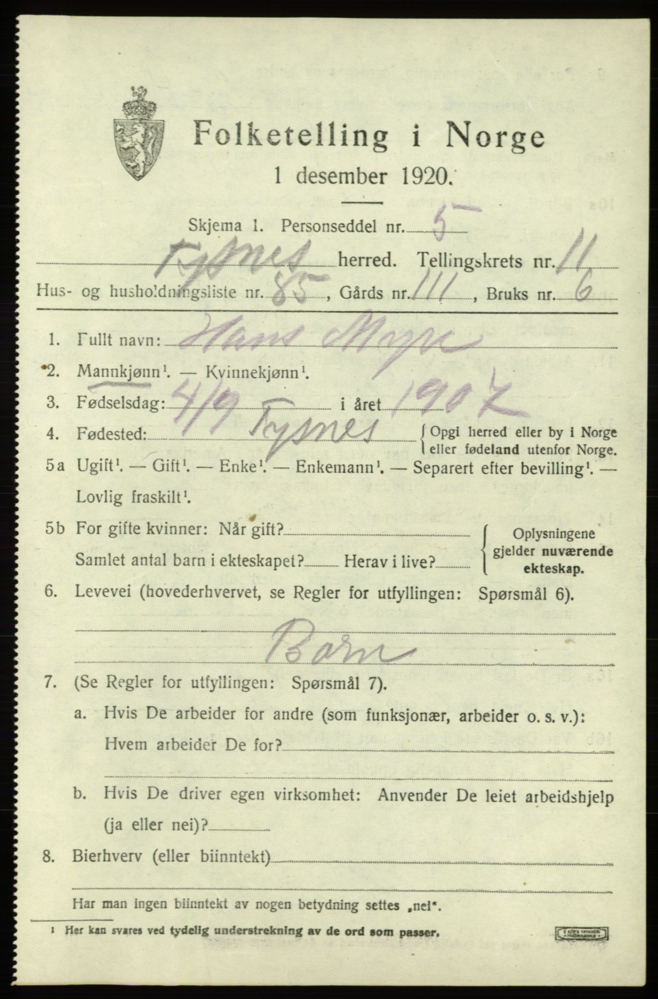 SAB, Folketelling 1920 for 1223 Tysnes herred, 1920, s. 8448