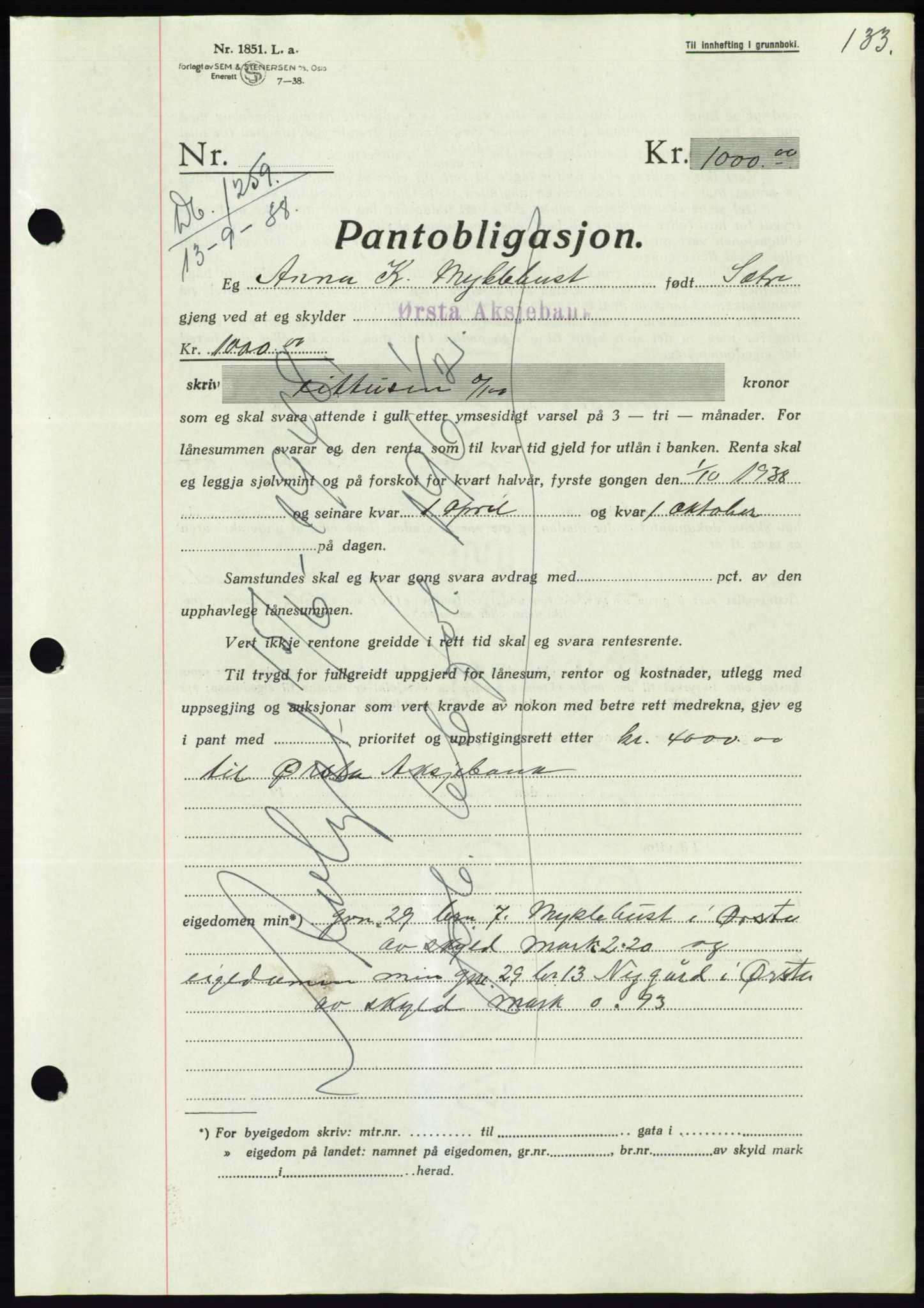 Søre Sunnmøre sorenskriveri, AV/SAT-A-4122/1/2/2C/L0066: Pantebok nr. 60, 1938-1938, Dagboknr: 1259/1938