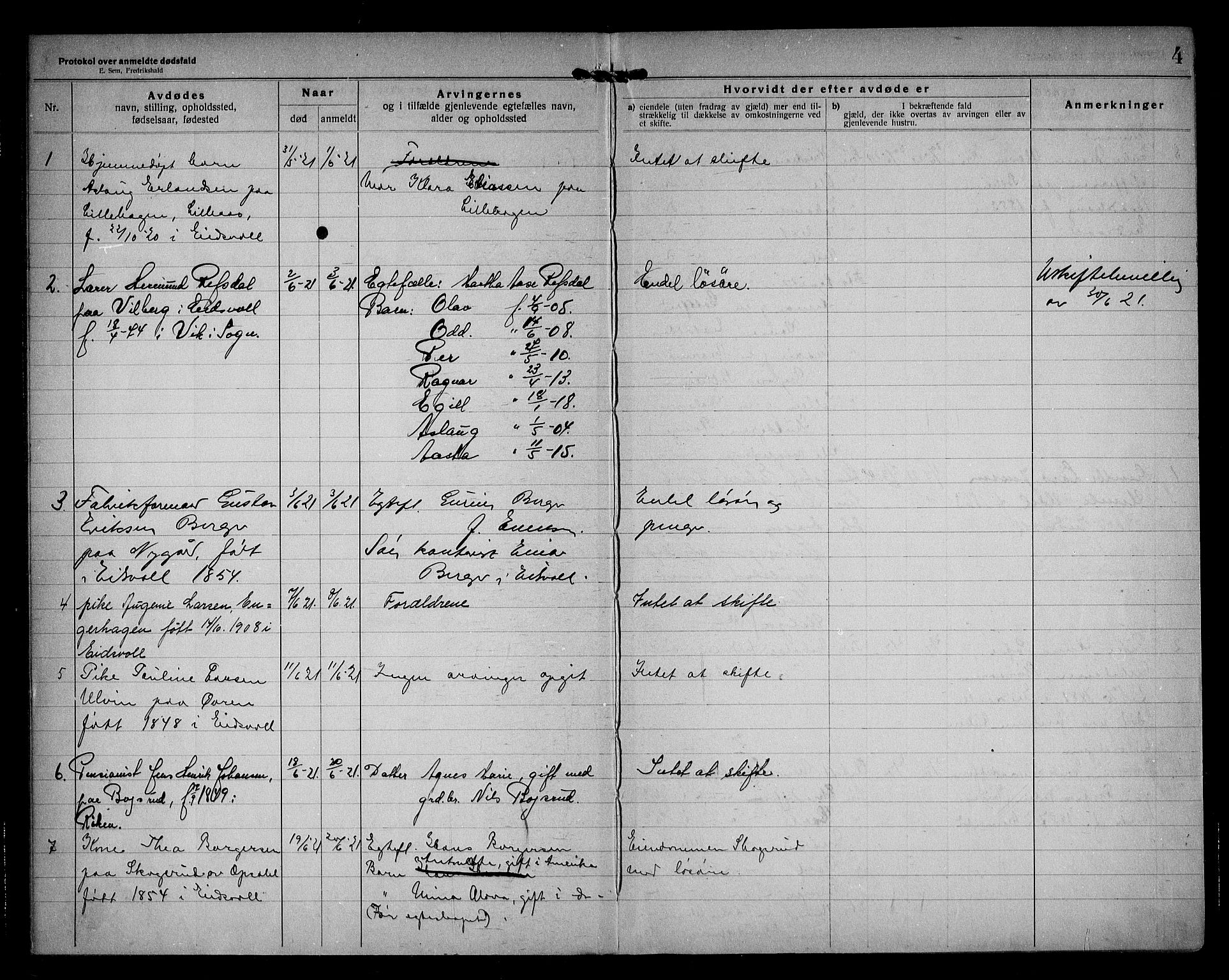 Eidsvoll lensmannskontor, AV/SAO-A-10266a/H/Ha/Haa/L0005: Dødsfallprotokoll, 1921-1930, s. 4