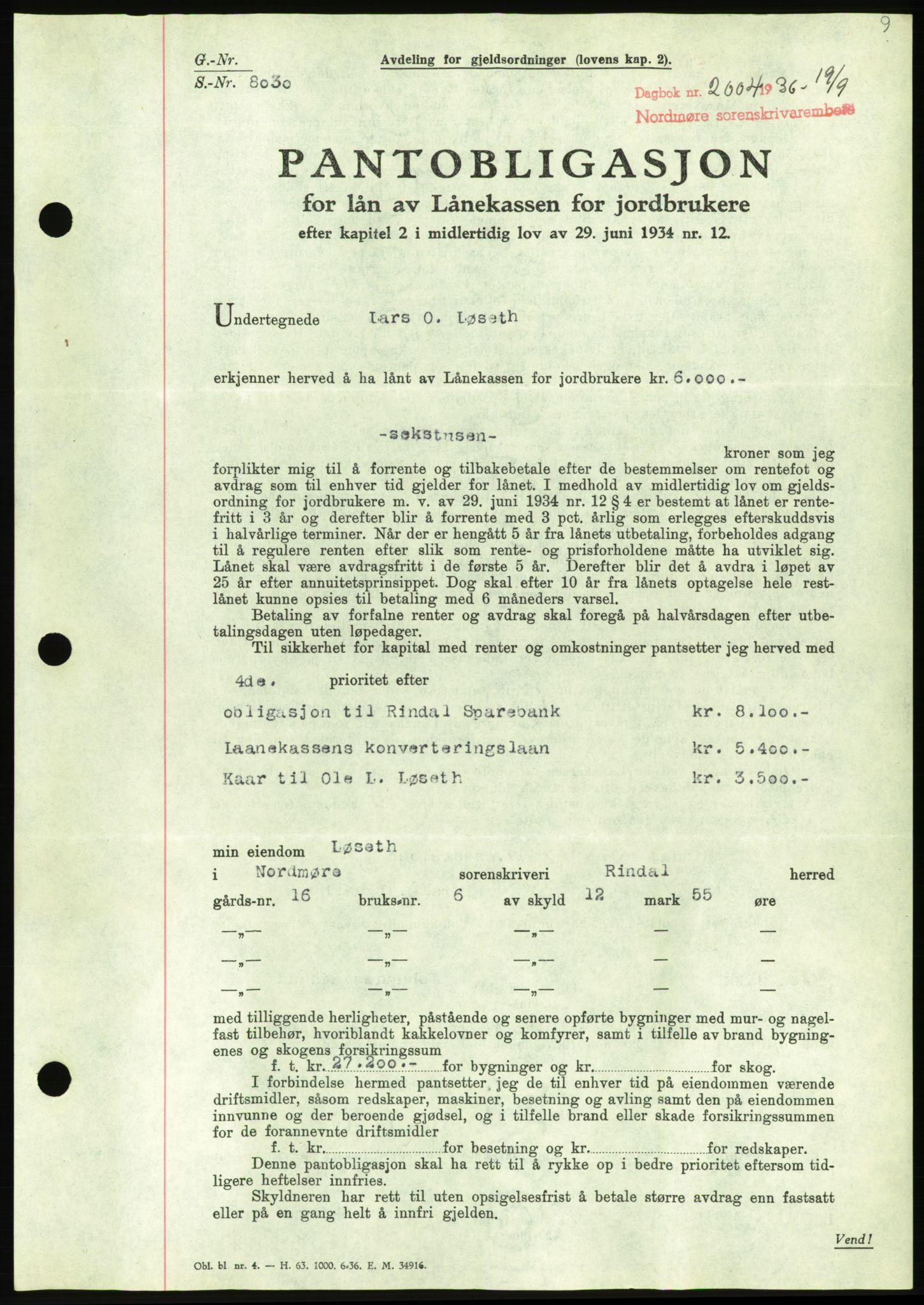 Nordmøre sorenskriveri, AV/SAT-A-4132/1/2/2Ca/L0090: Pantebok nr. B80, 1936-1937, Dagboknr: 2004/1936