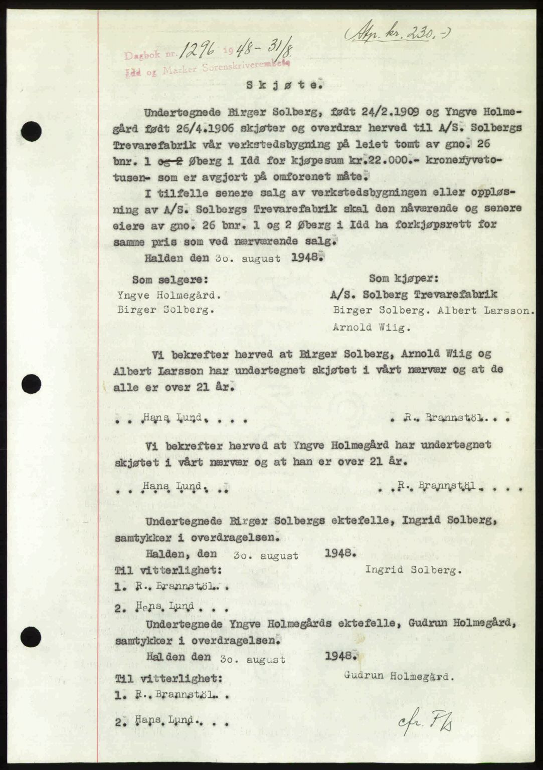 Idd og Marker sorenskriveri, SAO/A-10283/G/Gb/Gbb/L0011: Pantebok nr. A11, 1948-1949, Dagboknr: 1296/1948