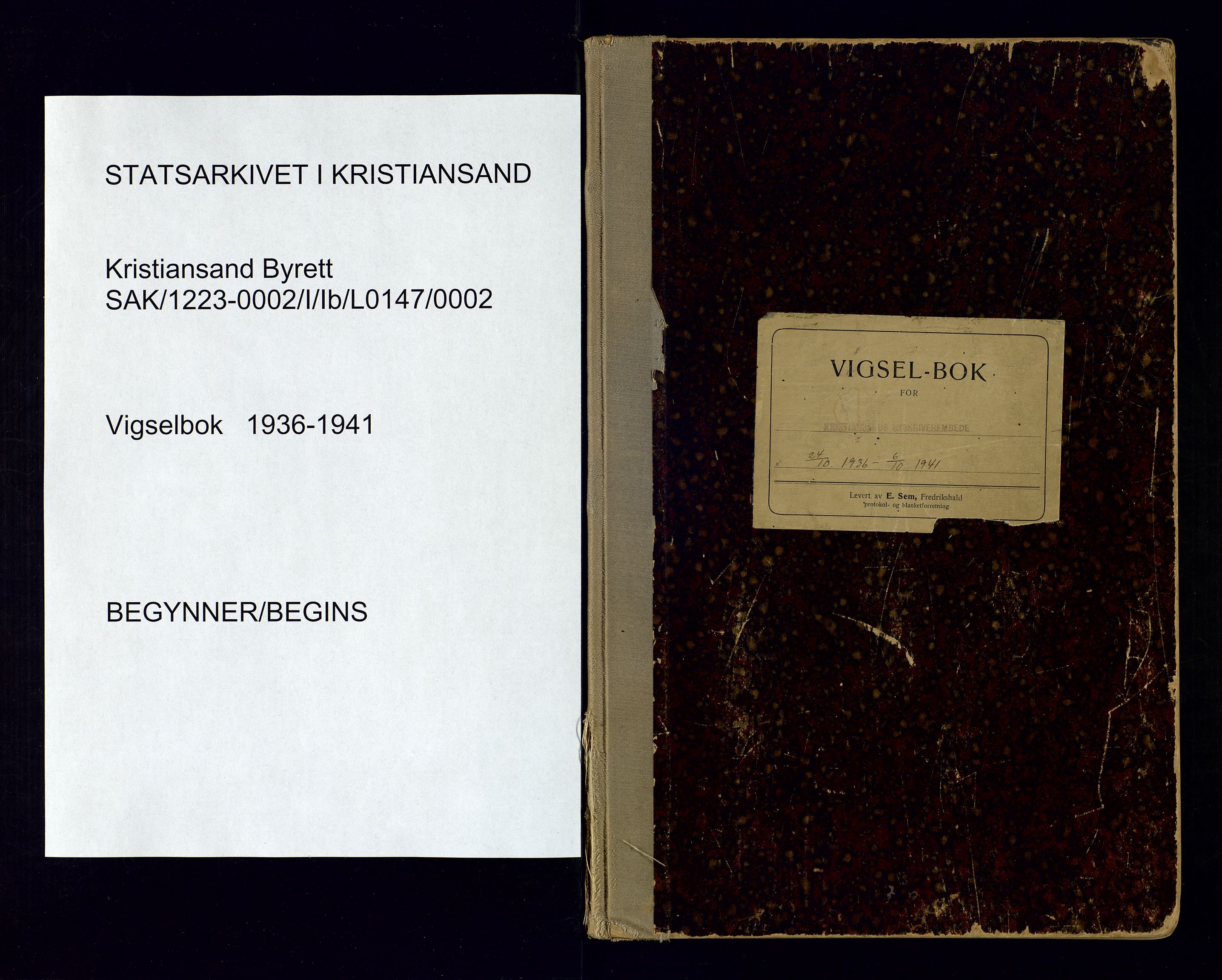 Kristiansand byrett - 2, AV/SAK-1223-0002/I/Ib/L0147/0002: Vielsesprotokoller / Vigselbok, 1936-1941, s. 1