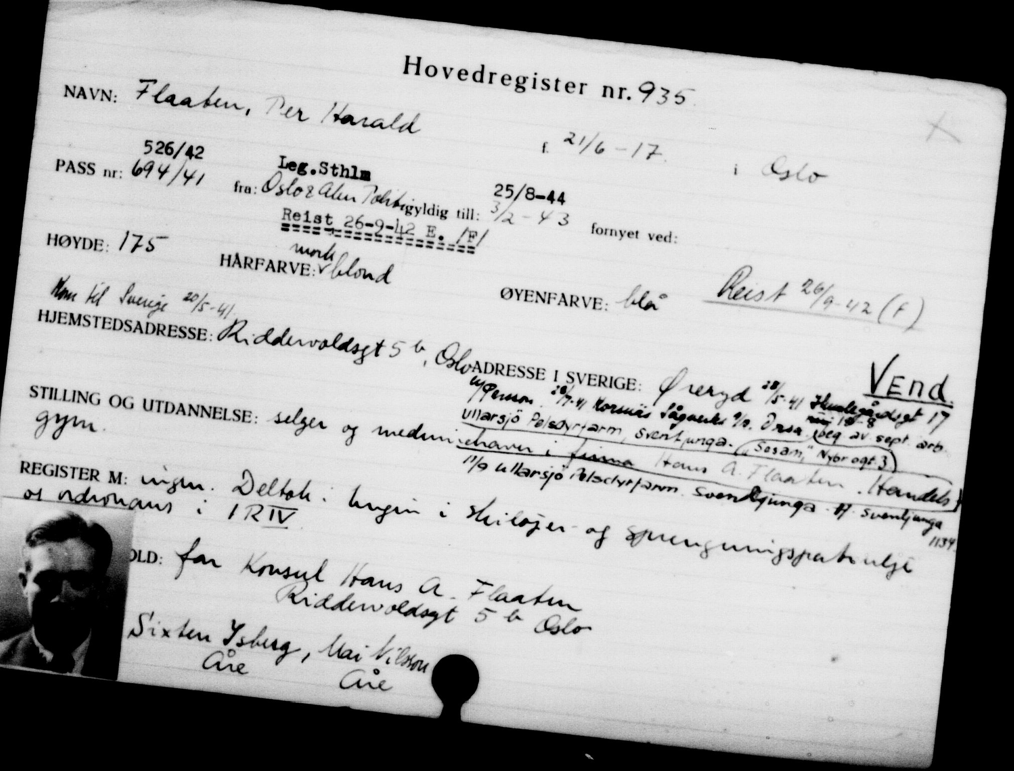 Utenriksstasjonene, Legasjonen i Stockholm, Flyktningkontoret, AV/RA-S-6753/V/Va/L0001: Kjesäterkartoteket, flyktninger med registreringsnr. 1-1000, 1940-1945, s. 1461