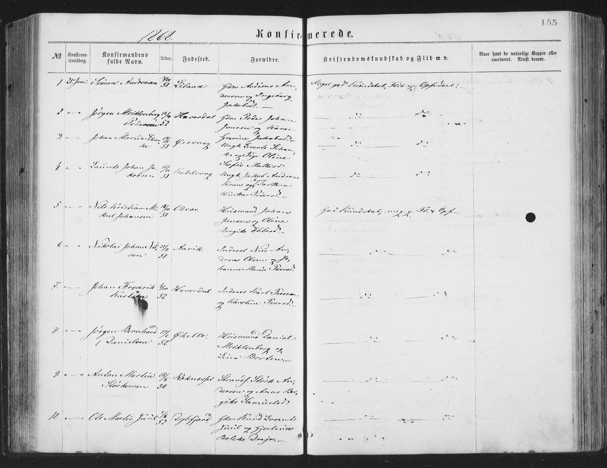 Ministerialprotokoller, klokkerbøker og fødselsregistre - Nordland, AV/SAT-A-1459/874/L1057: Ministerialbok nr. 874A01, 1866-1877, s. 155