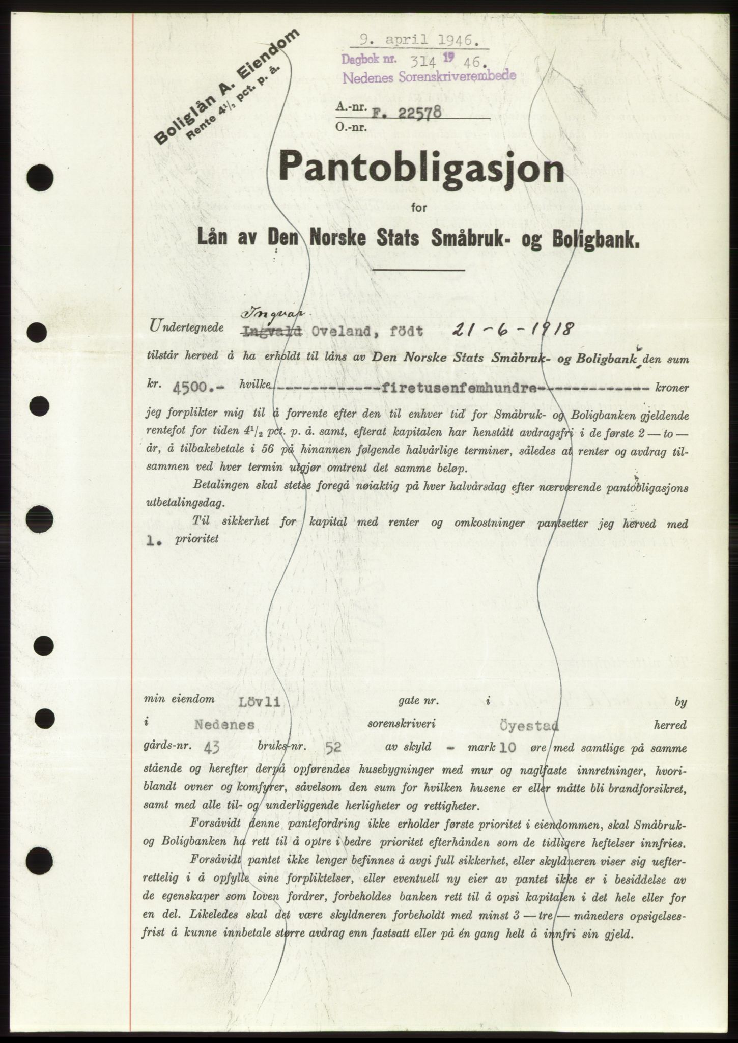 Nedenes sorenskriveri, SAK/1221-0006/G/Gb/Gbb/L0003: Pantebok nr. B3b, 1946-1946, Dagboknr: 314/1946