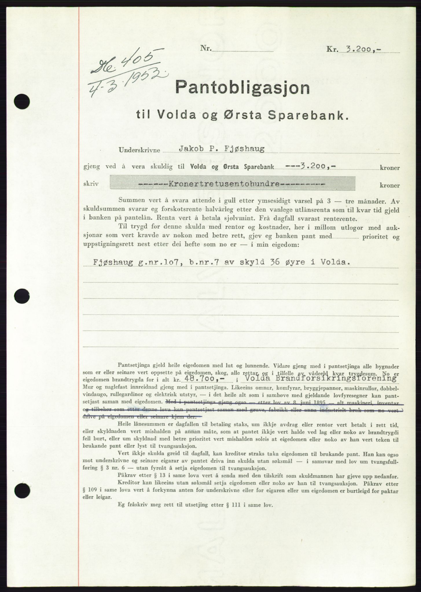 Søre Sunnmøre sorenskriveri, AV/SAT-A-4122/1/2/2C/L0121: Pantebok nr. 9B, 1951-1952, Dagboknr: 405/1952
