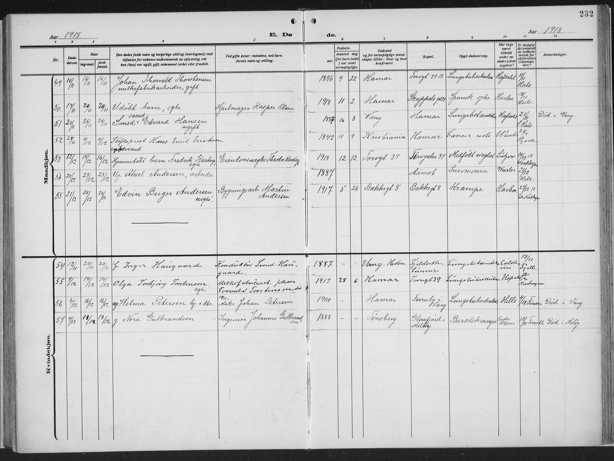 Hamar prestekontor, AV/SAH-DOMPH-002/H/Ha/Haa/L0002: Ministerialbok nr. 2, 1915-1936, s. 232