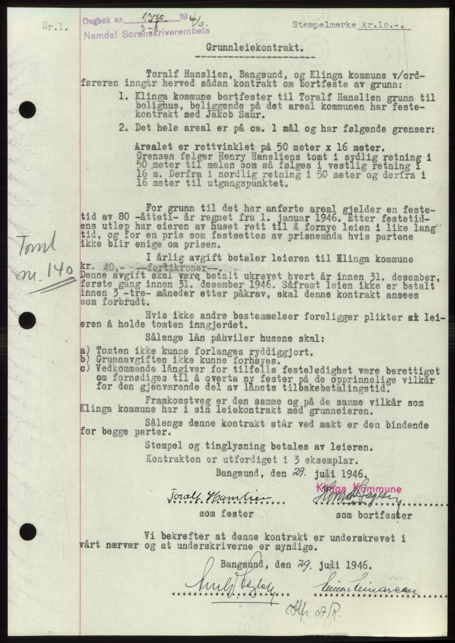 Namdal sorenskriveri, SAT/A-4133/1/2/2C: Pantebok nr. -, 1946-1946, Dagboknr: 1375/1946