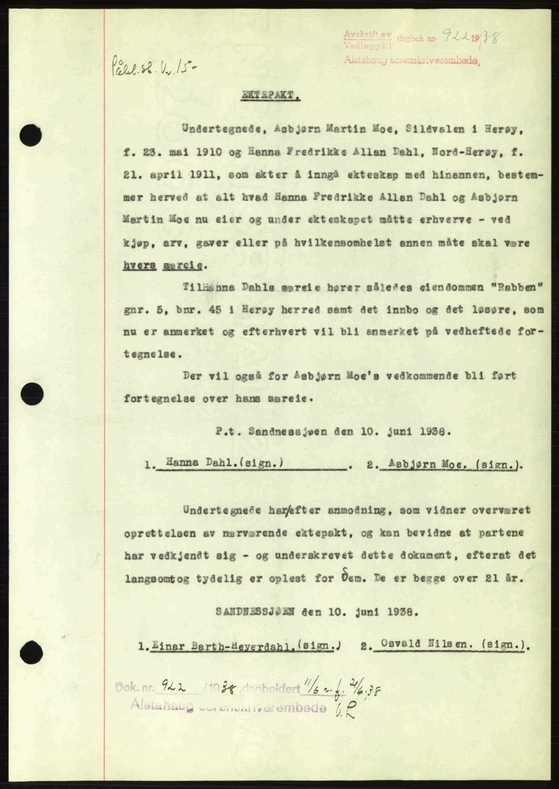 Alstahaug sorenskriveri, SAT/A-1009: Pantebok nr. A3, 1937-1938, Dagboknr: 922/1938