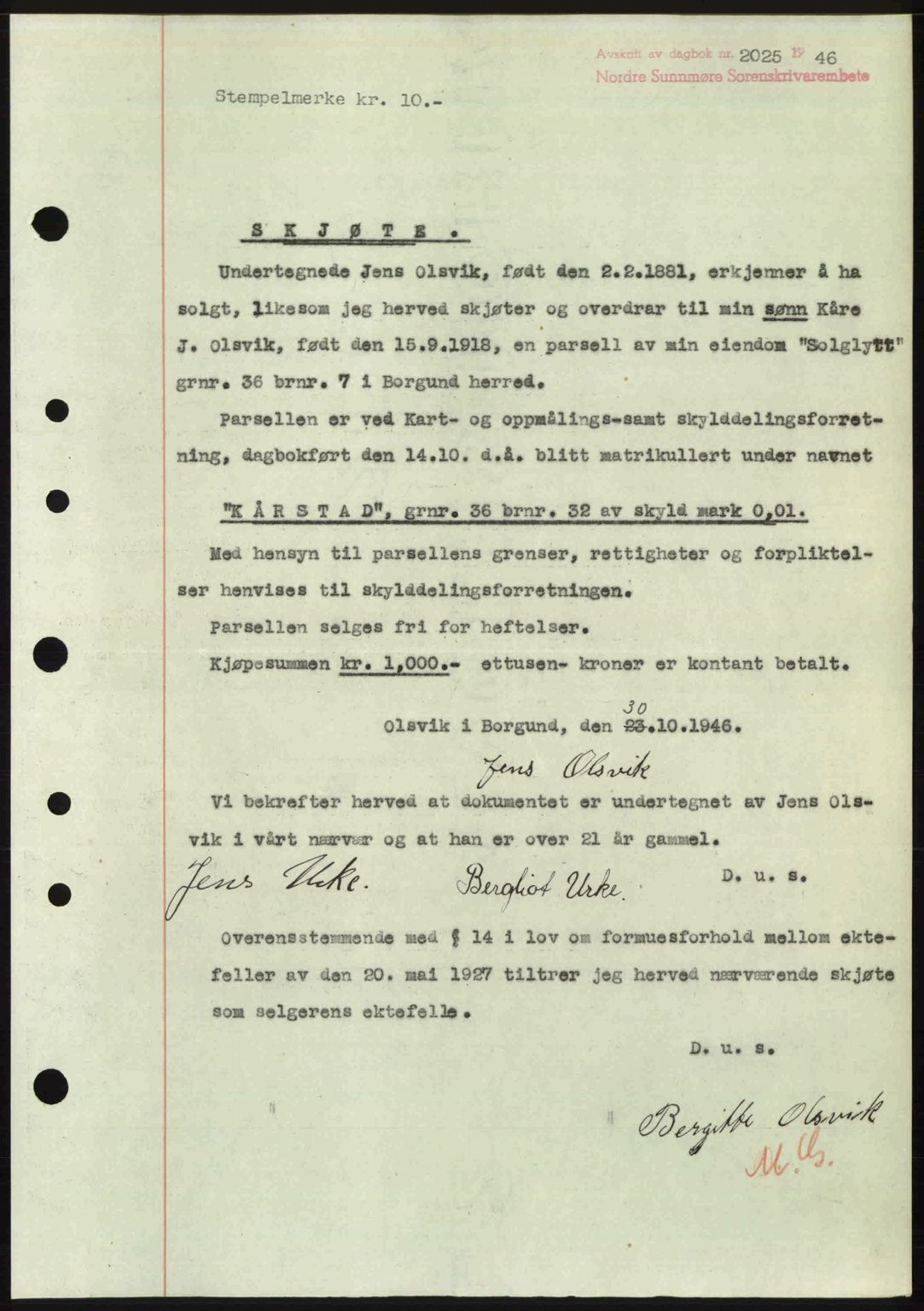 Nordre Sunnmøre sorenskriveri, AV/SAT-A-0006/1/2/2C/2Ca: Pantebok nr. A23, 1946-1947, Dagboknr: 2025/1946