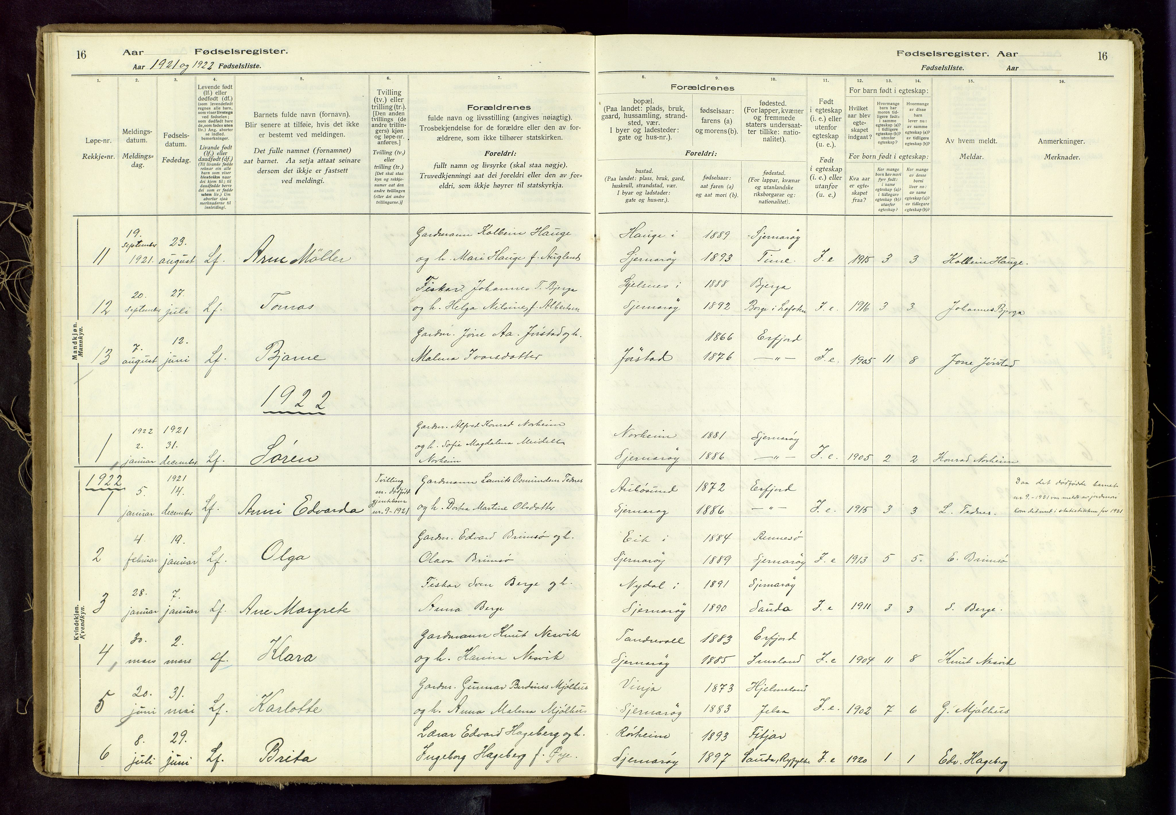 Nedstrand sokneprestkontor, AV/SAST-A-101841/03/A/L0001: Fødselsregister nr. 1, 1916-1982, s. 16