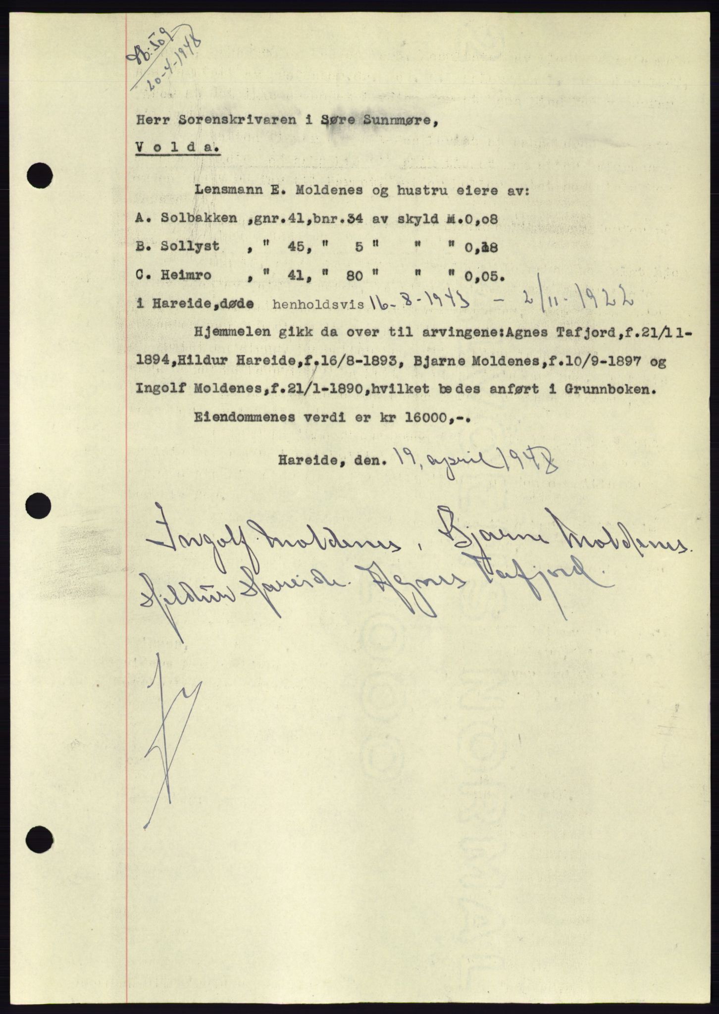 Søre Sunnmøre sorenskriveri, SAT/A-4122/1/2/2C/L0082: Pantebok nr. 8A, 1948-1948, Dagboknr: 509/1948