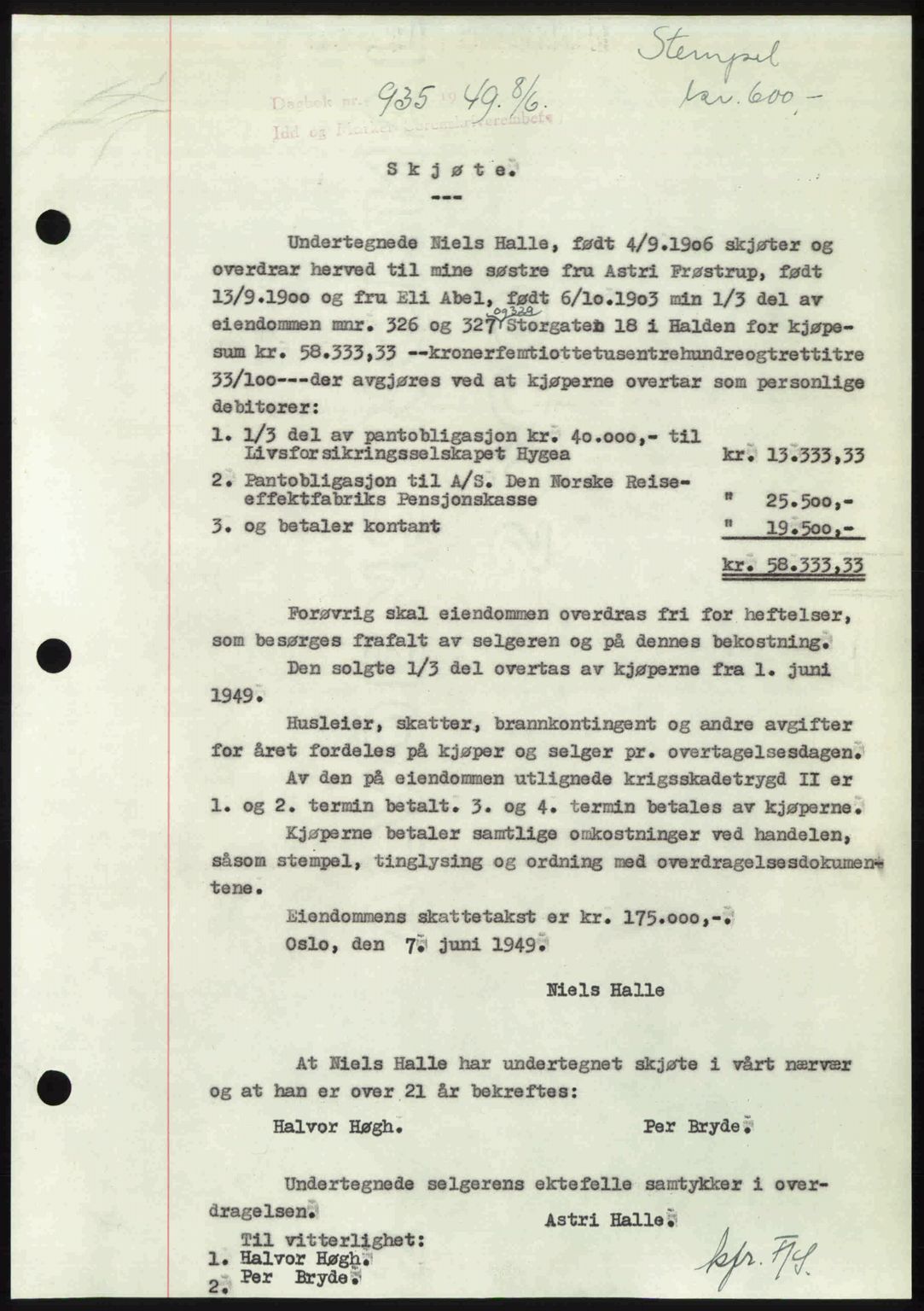 Idd og Marker sorenskriveri, SAO/A-10283/G/Gb/Gbb/L0012: Pantebok nr. A12, 1949-1949, Dagboknr: 935/1949