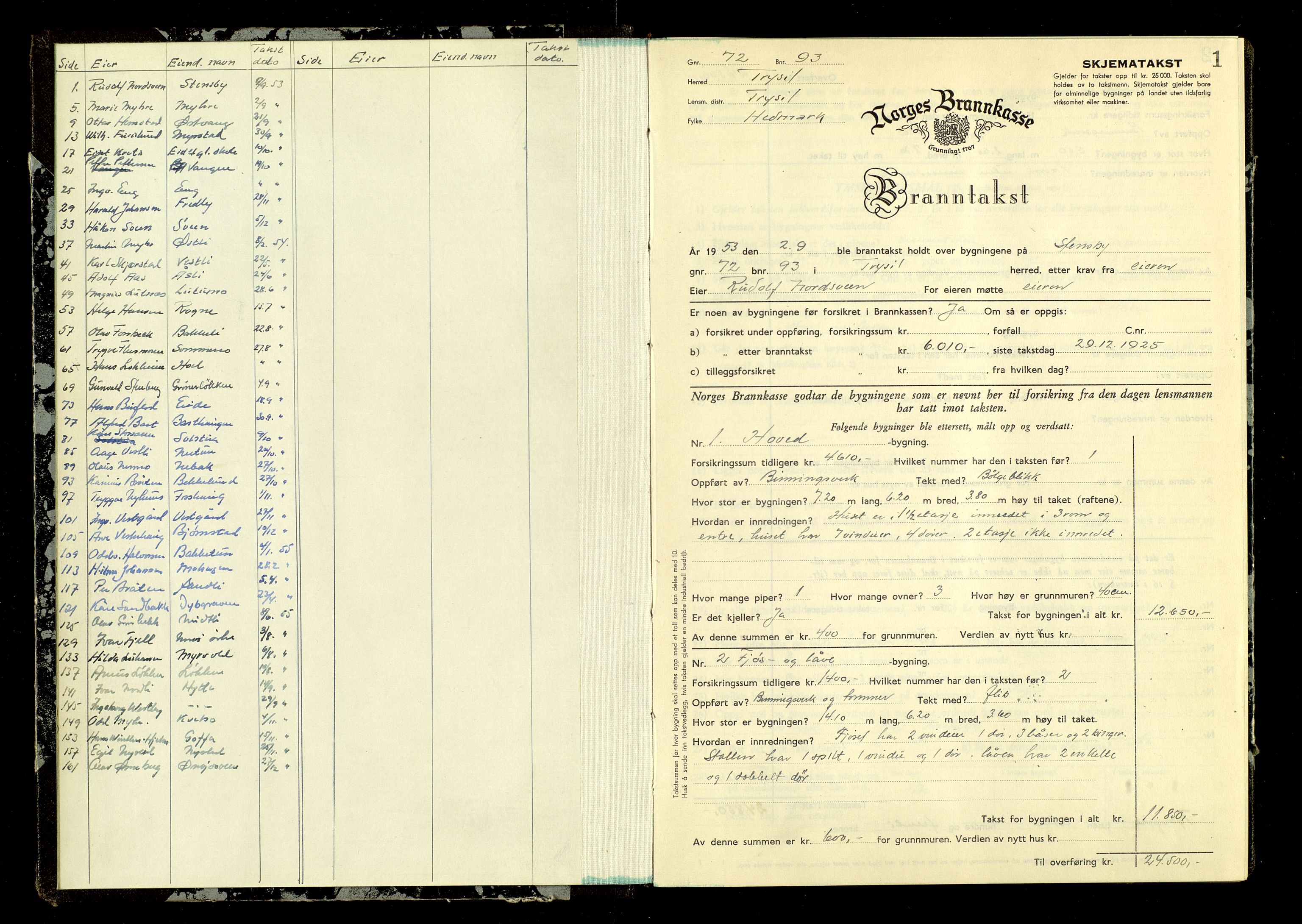 Norges Brannkasse, Trysil, AV/SAH-NBRANT-021/F/L0026: Branntakstprotokoll, 1953-1955