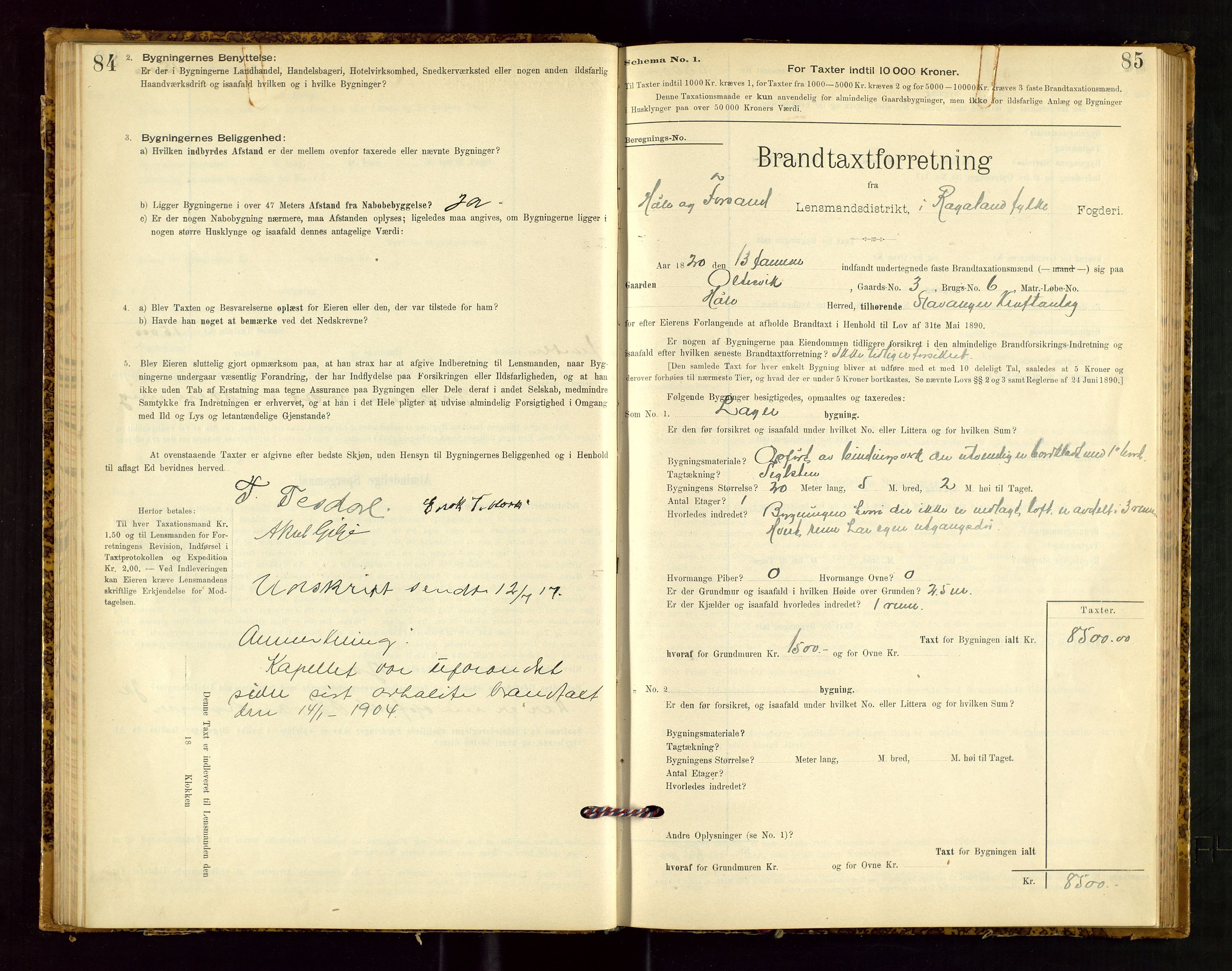 Høle og Forsand lensmannskontor, AV/SAST-A-100127/Gob/L0001: "Brandtaxtprotokol" - skjematakst, 1897-1940, s. 84-85