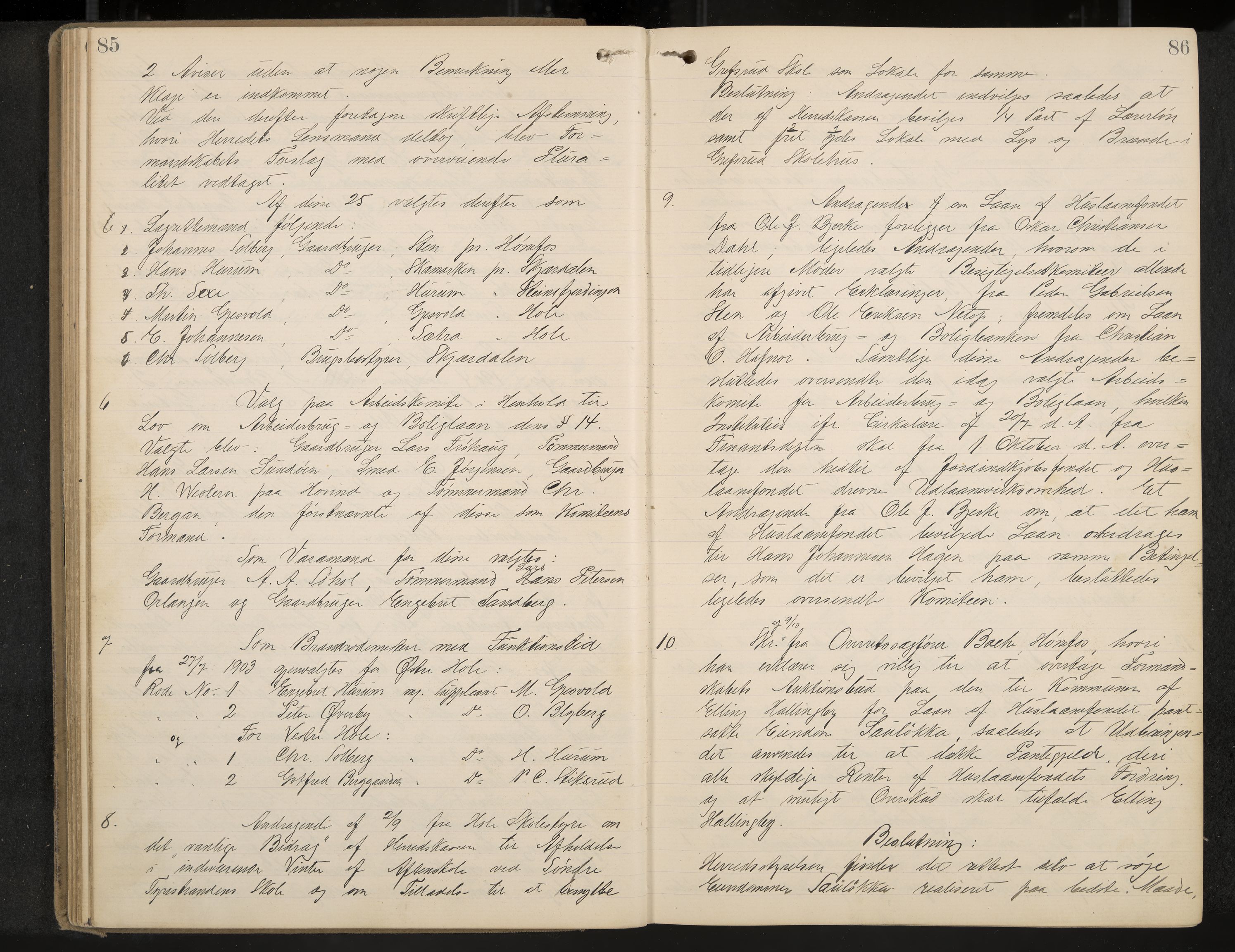 Hole formannskap og sentraladministrasjon, IKAK/0612021-1/A/Aa/L0004: Møtebok med register, 1902-1910, s. 85-86