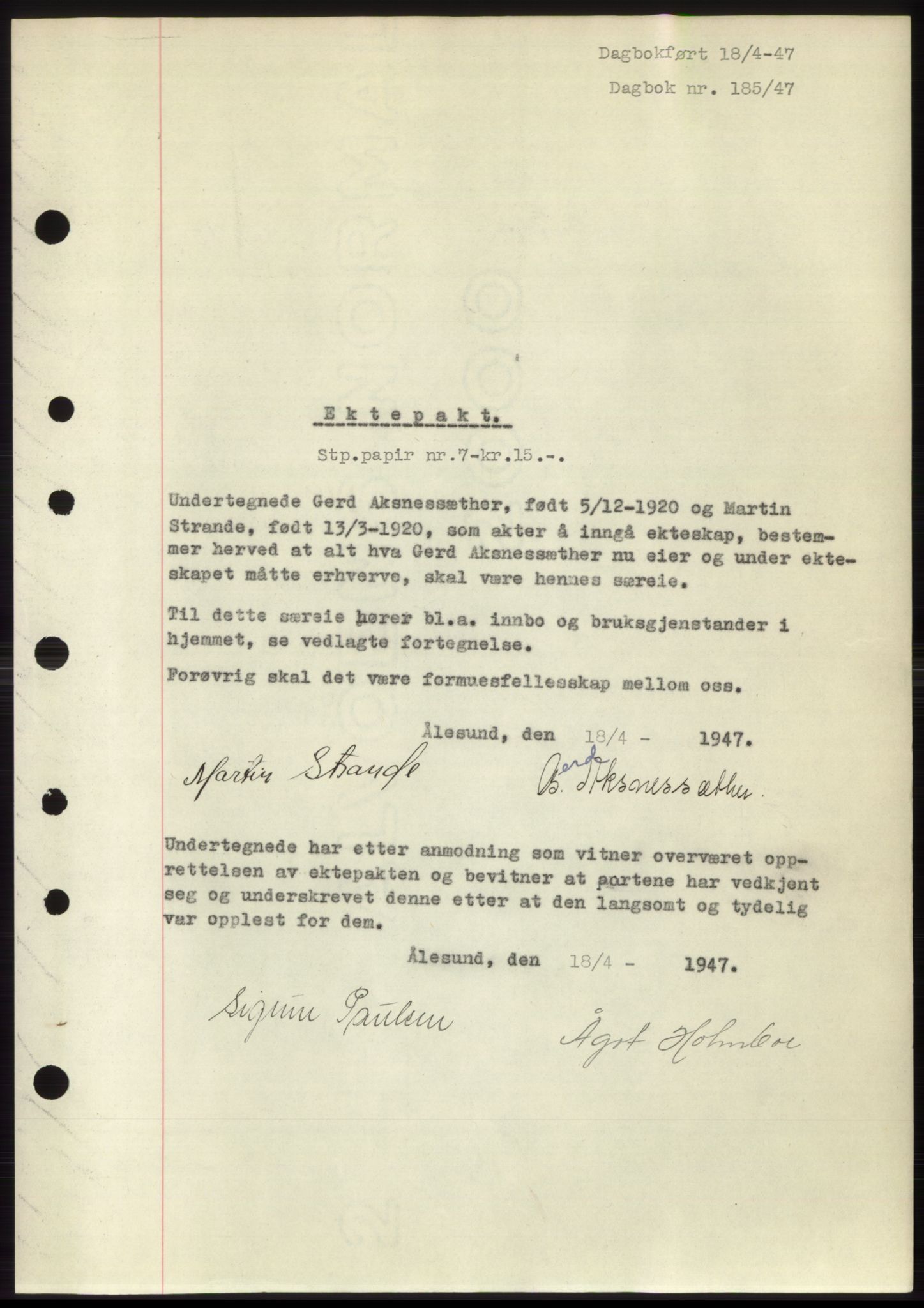 Ålesund byfogd, SAT/A-4384: Pantebok nr. B34-35 b, 1946-1947, Dagboknr: 185/1947