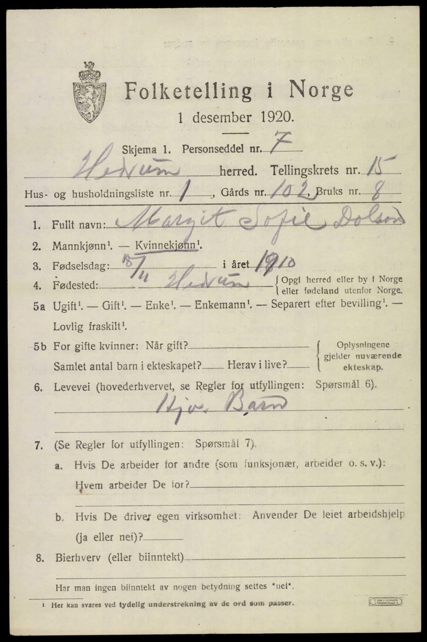 SAKO, Folketelling 1920 for 0727 Hedrum herred, 1920, s. 9895