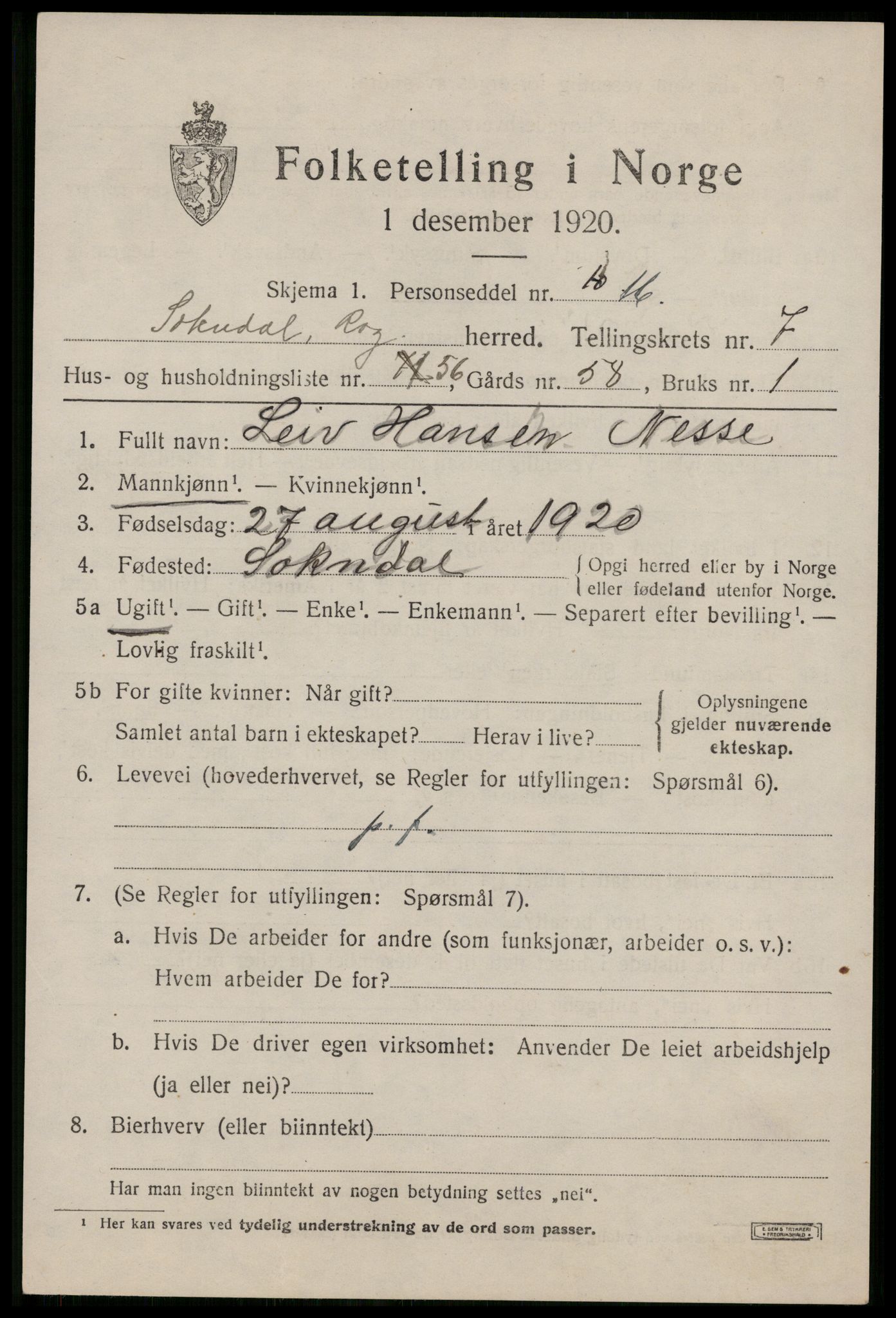 SAST, Folketelling 1920 for 1111 Sokndal herred, 1920, s. 4815