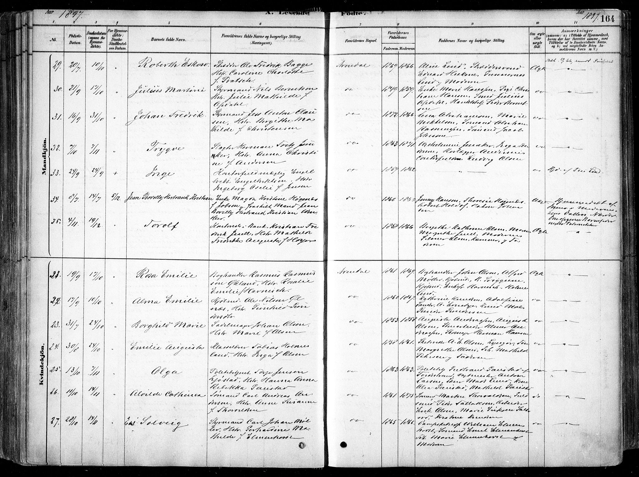 Arendal sokneprestkontor, Trefoldighet, AV/SAK-1111-0040/F/Fa/L0008: Ministerialbok nr. A 8, 1878-1899, s. 164