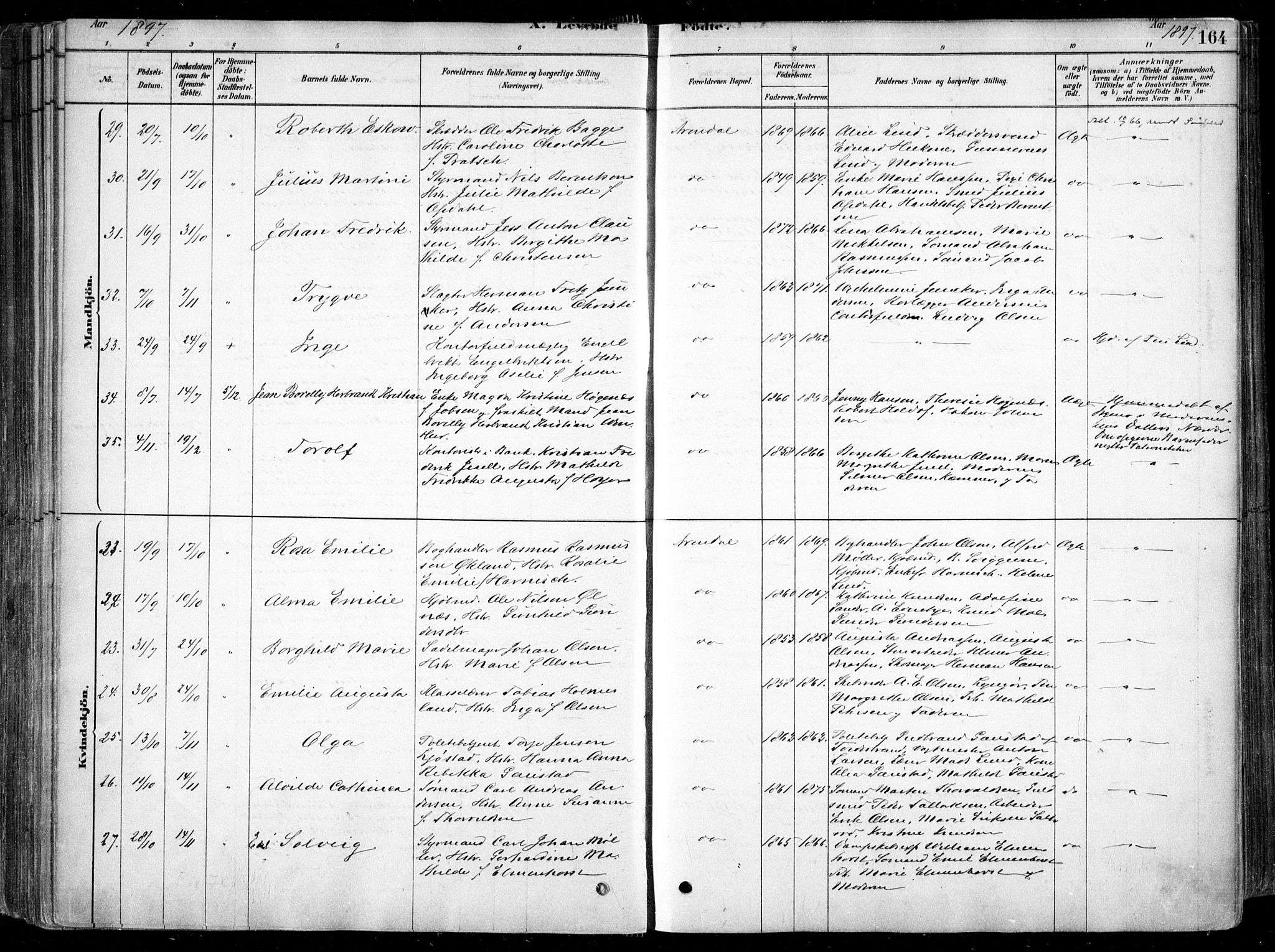 Arendal sokneprestkontor, Trefoldighet, SAK/1111-0040/F/Fa/L0008: Ministerialbok nr. A 8, 1878-1899, s. 164