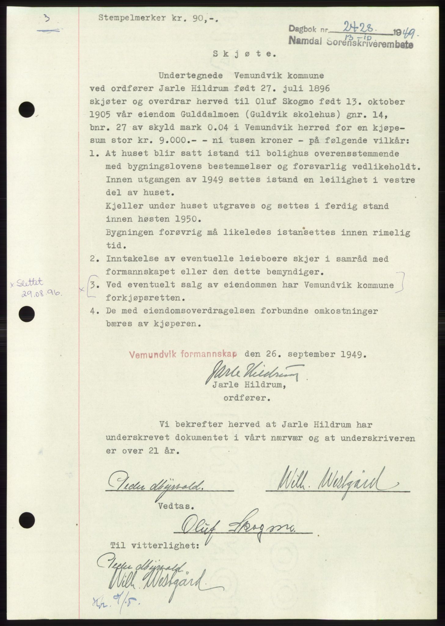 Namdal sorenskriveri, SAT/A-4133/1/2/2C: Pantebok nr. -, 1949-1949, Dagboknr: 2428/1949