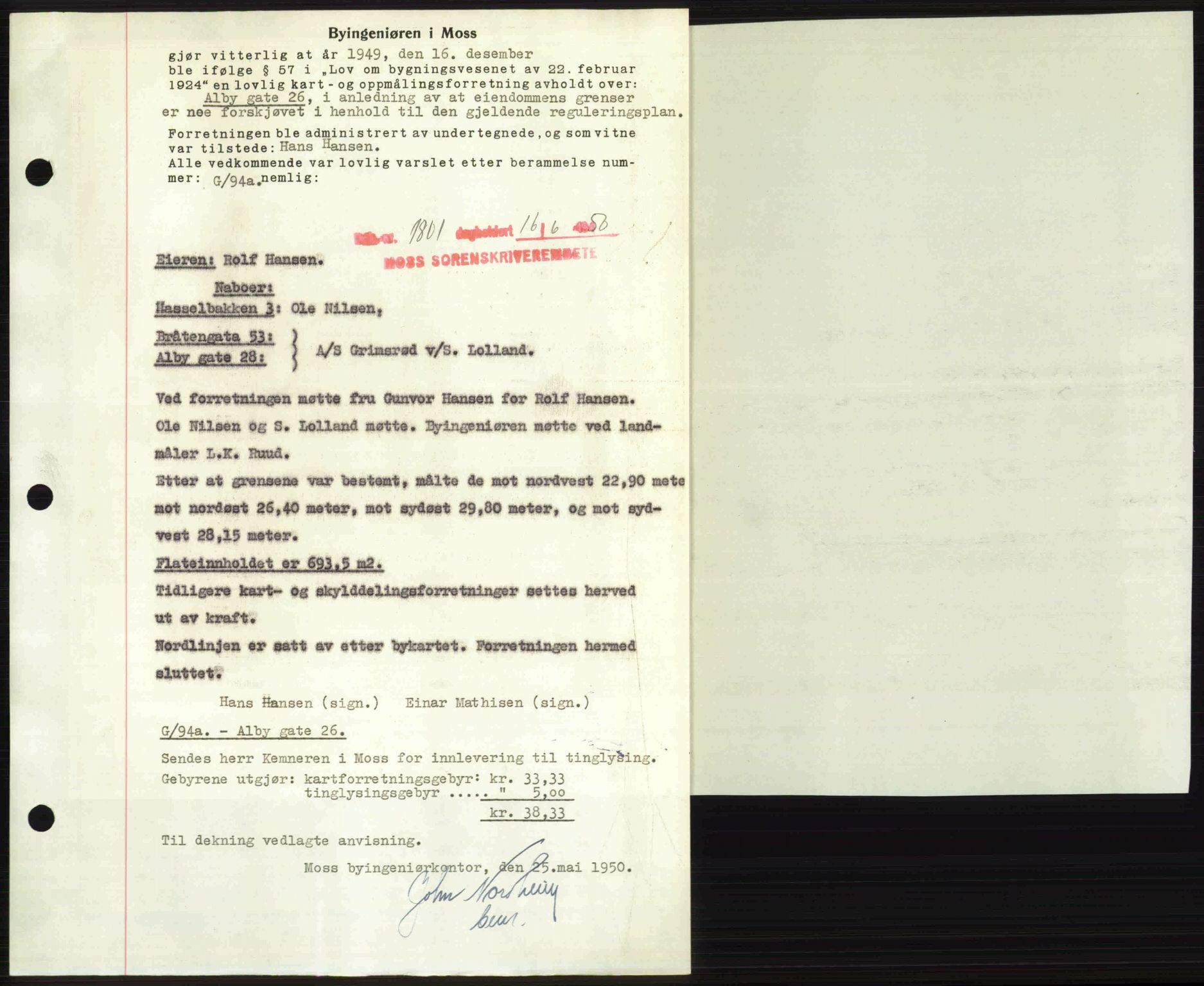Moss sorenskriveri, SAO/A-10168: Pantebok nr. A26, 1950-1950, Dagboknr: 1801/1950