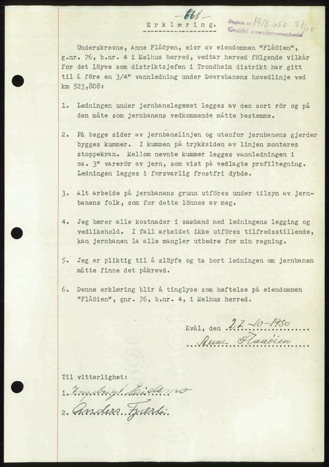 Gauldal sorenskriveri, SAT/A-0014/1/2/2C: Pantebok nr. A11, 1950-1950, Dagboknr: 1913/1950