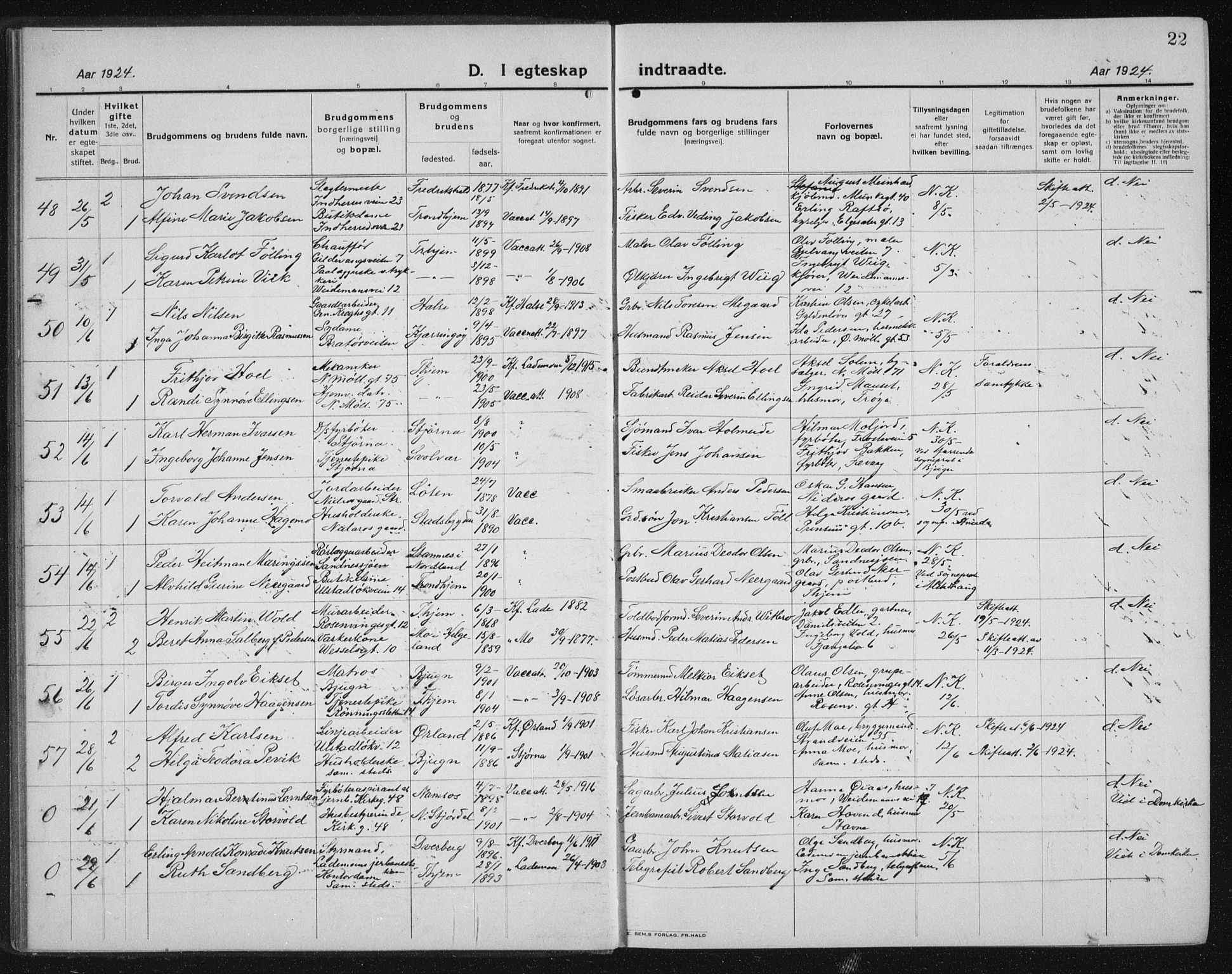 Ministerialprotokoller, klokkerbøker og fødselsregistre - Sør-Trøndelag, AV/SAT-A-1456/605/L0260: Klokkerbok nr. 605C07, 1922-1942, s. 22