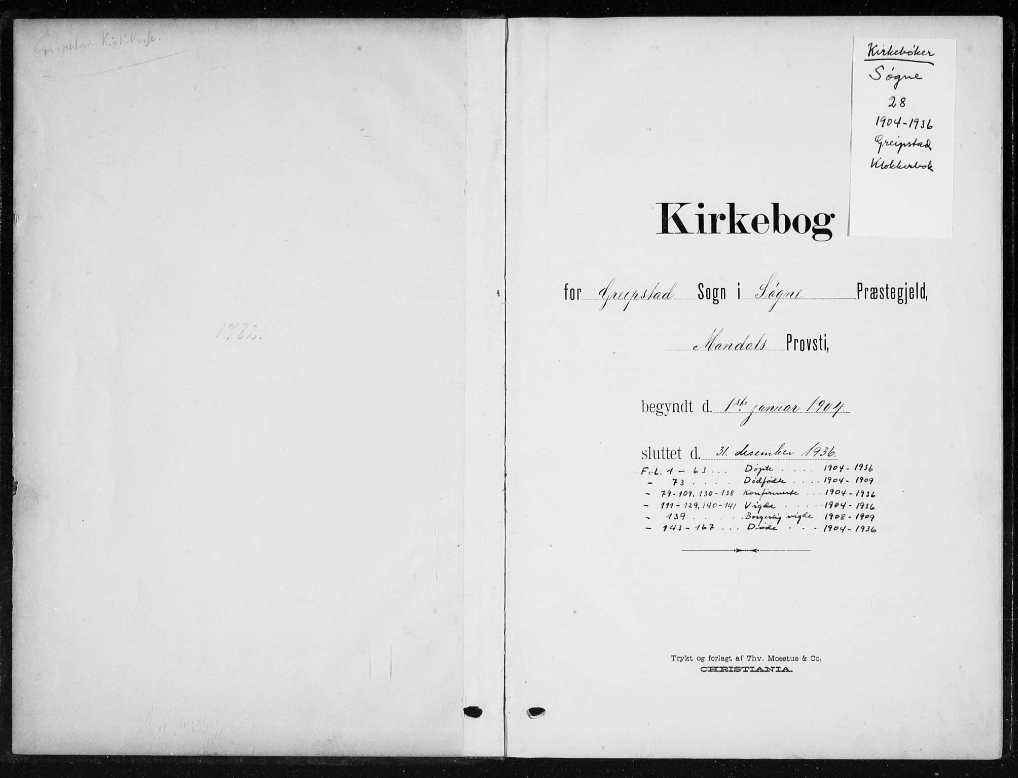 Søgne sokneprestkontor, SAK/1111-0037/F/Fb/Fba/L0005: Klokkerbok nr. B 5, 1904-1936