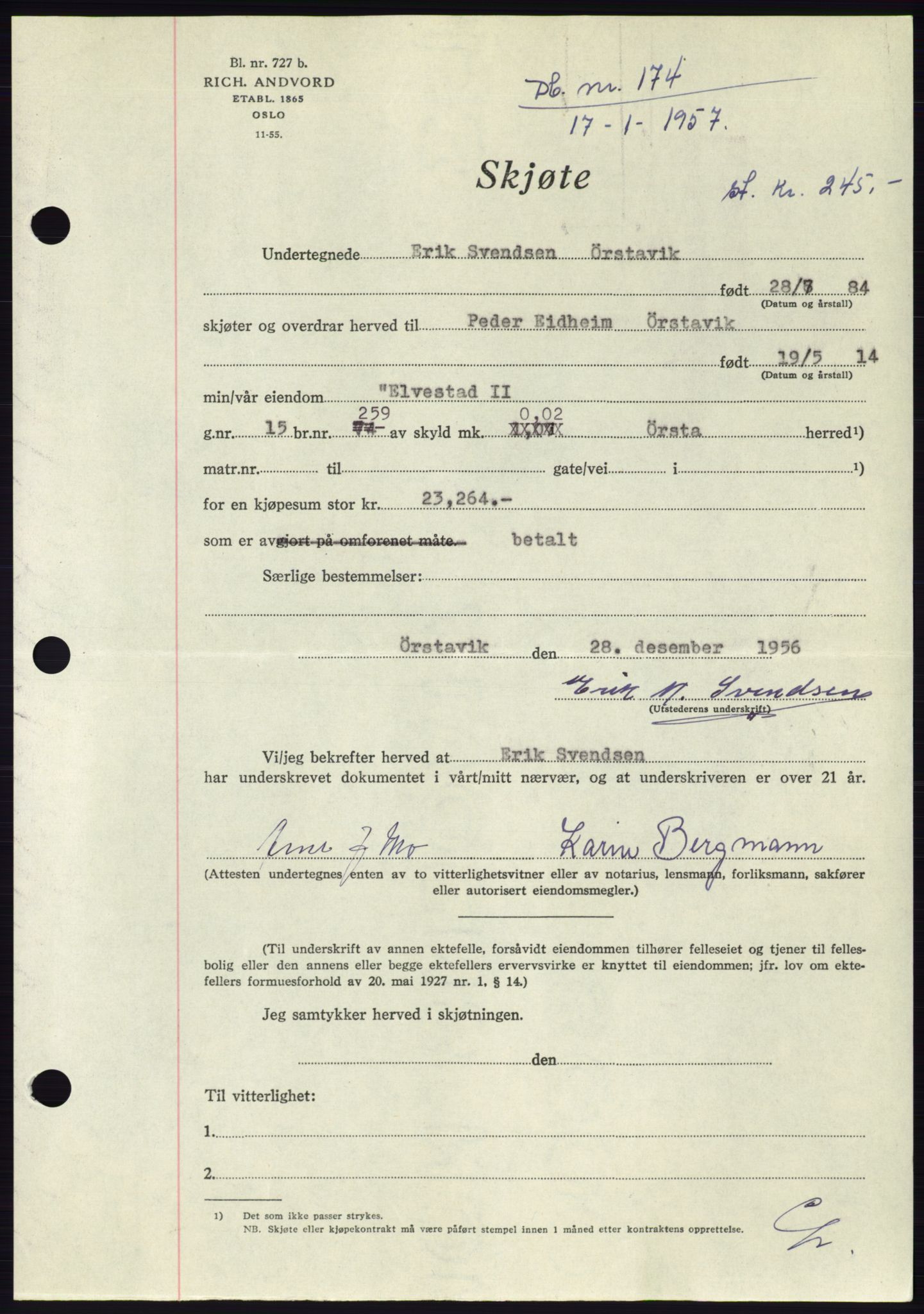 Søre Sunnmøre sorenskriveri, AV/SAT-A-4122/1/2/2C/L0105: Pantebok nr. 31A, 1956-1957, Dagboknr: 174/1957