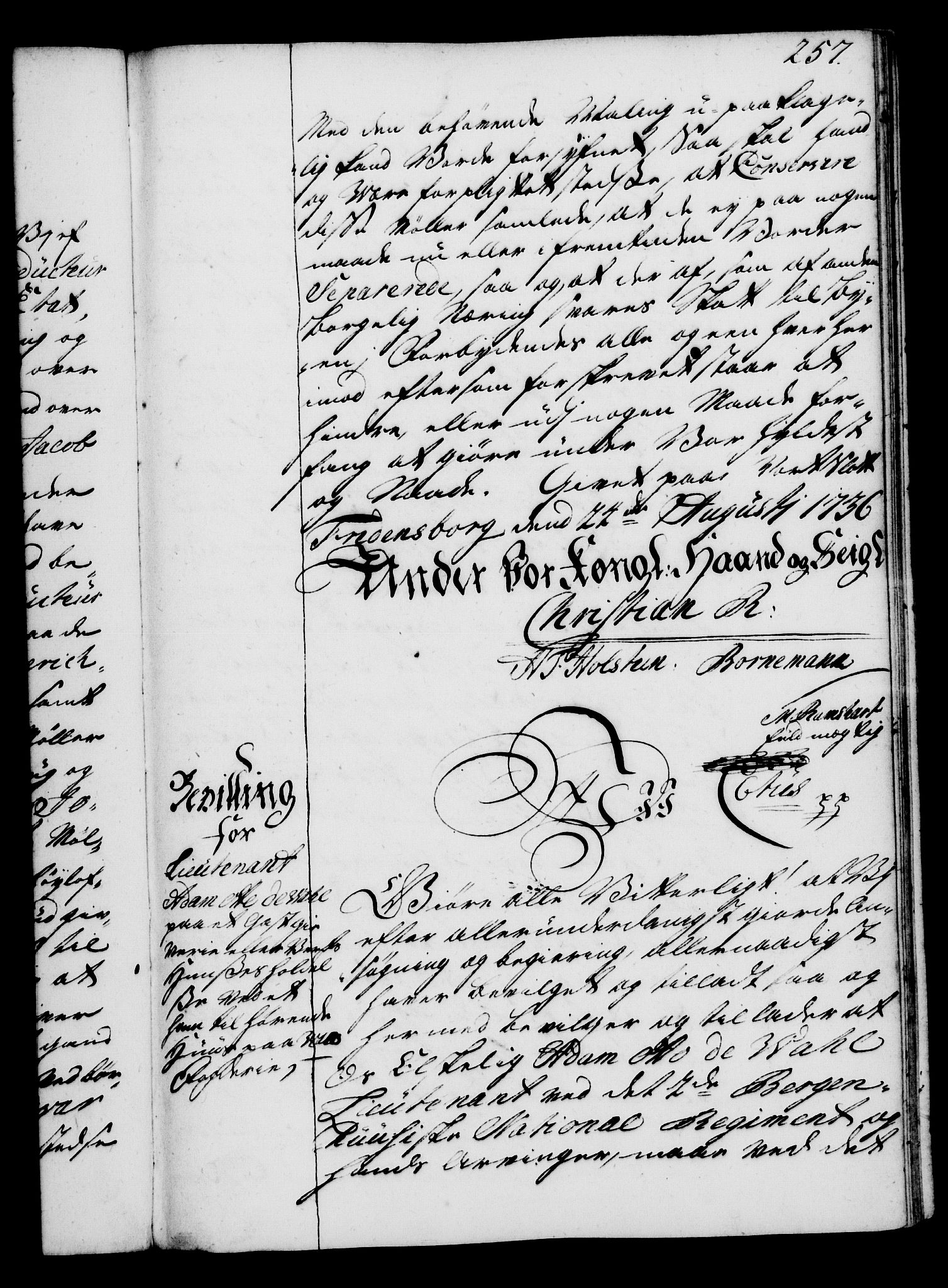 Rentekammeret, Kammerkanselliet, RA/EA-3111/G/Gg/Gga/L0004: Norsk ekspedisjonsprotokoll med register (merket RK 53.4), 1734-1741, s. 257